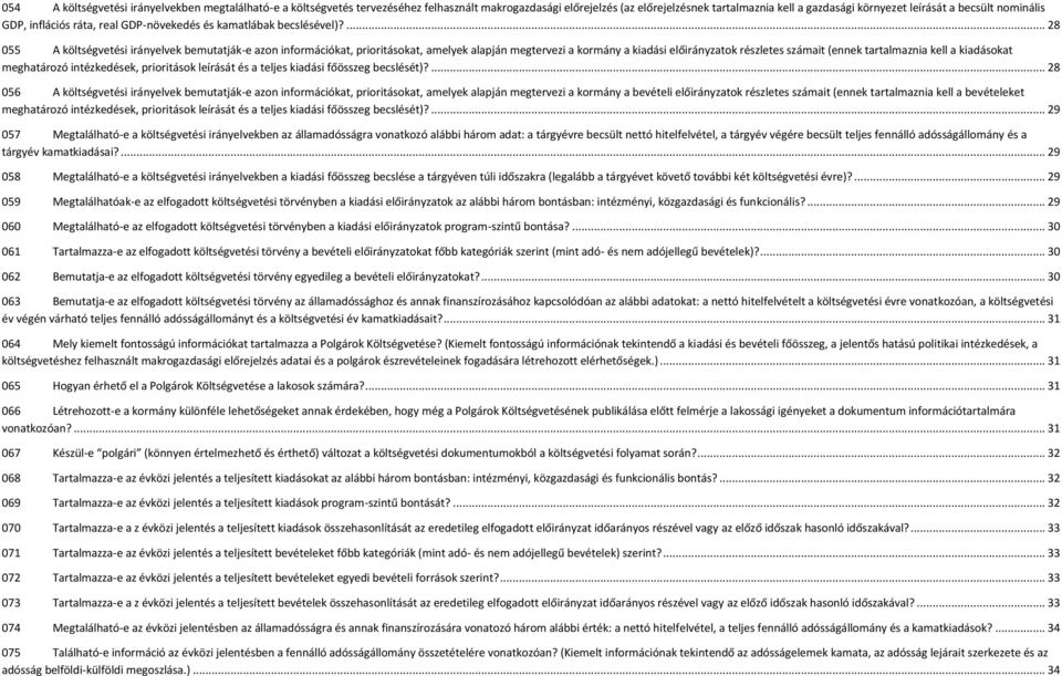 ... 28 055 A költségvetési irányelvek bemutatják-e azon információkat, prioritásokat, amelyek alapján megtervezi a kormány a kiadási előirányzatok részletes számait (ennek tartalmaznia kell a