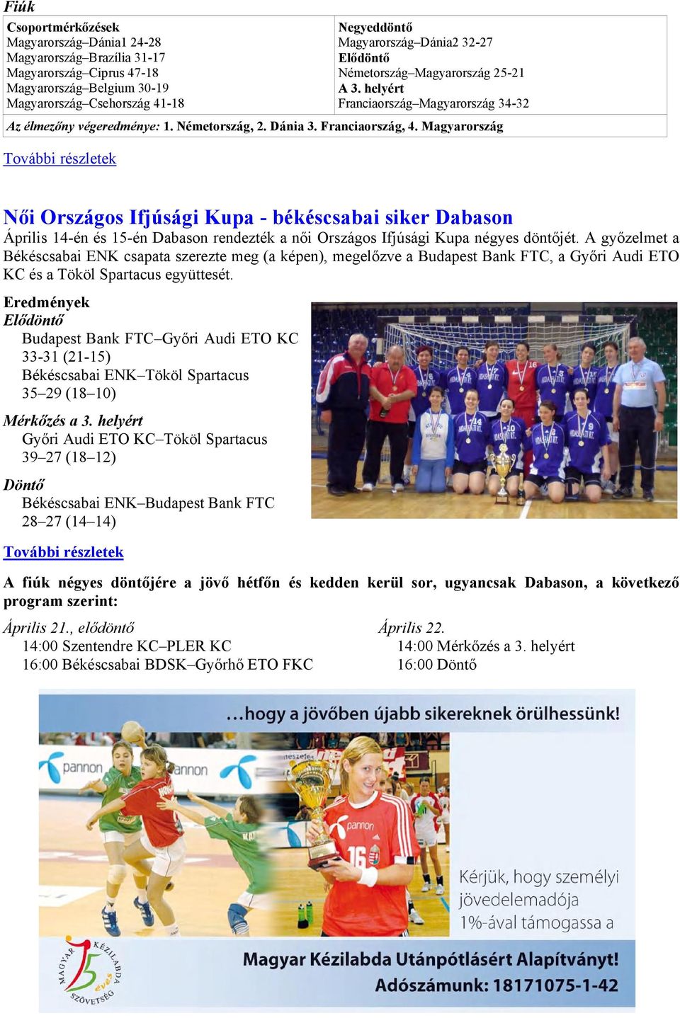 Magyarország További részletek Női Országos Ifjúsági Kupa - békéscsabai siker Dabason Április 14-én és 15-én Dabason rendezték a női Országos Ifjúsági Kupa négyes döntőjét.