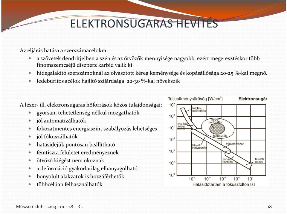 elektronsugaras hőforrások közös tulajdonságai: gyorsan, tehetetlenség nélkül mozgathatók jól automatizálhatók fokozatmentes energiaszint szabályozás lehetséges jól fókuszálhatók hatásidejük