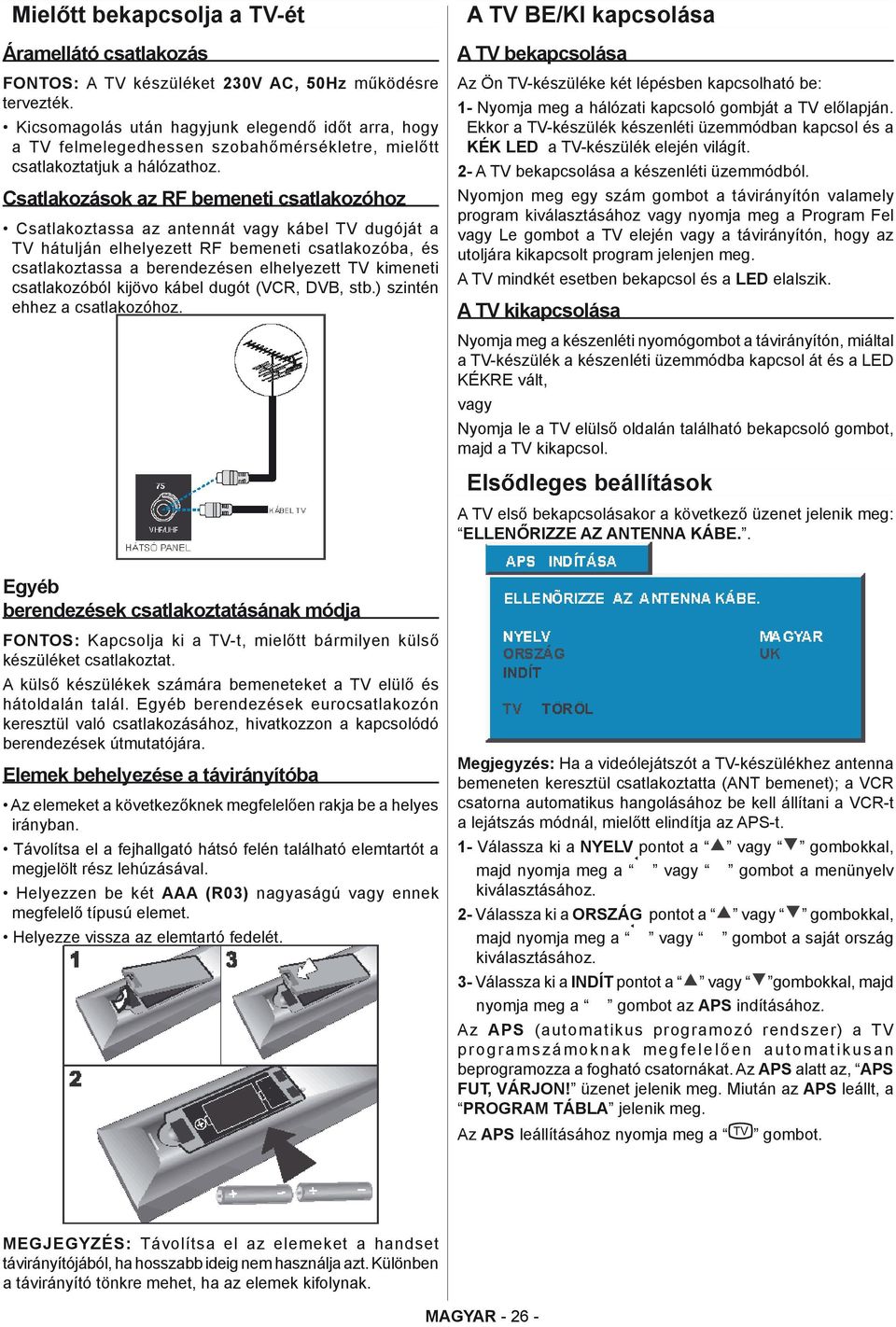 Csatlakozások az RF bemeneti csatlakozóhoz Csatlakoztassa az antennát vagy kábel TV dugóját a TV hátulján elhelyezett RF bemeneti csatlakozóba, és csatlakoztassa a berendezésen elhelyezett TV