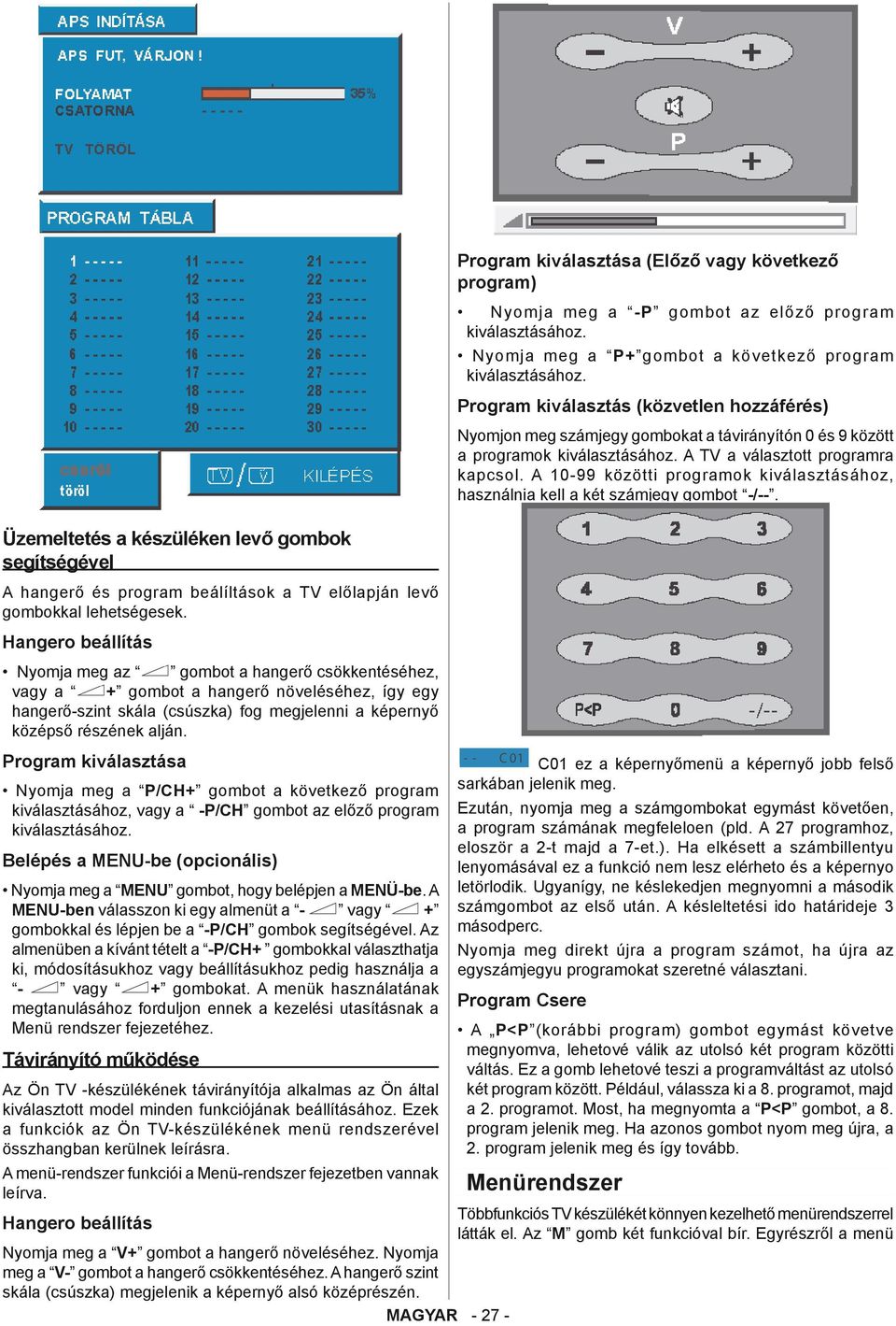 Program kiválasztása P/CH+ gombot a következő program kiválasztásához, vagy a -P/CH gombot az előző program Belépés a MENU-be (opcionális) MENU gombot, hogy belépjen a MENÜ-be.