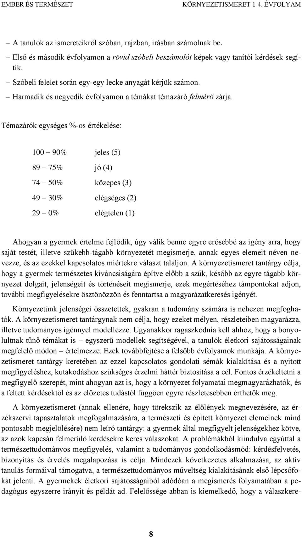 Témazárók egységes %-os értékelése: 100 90% jeles (5) 89 75% jó (4) 74 50% közepes (3) 49 30% elégséges (2) 29 0% elégtelen (1) Ahogyan a gyermek értelme fejlődik, úgy válik benne egyre erősebbé az