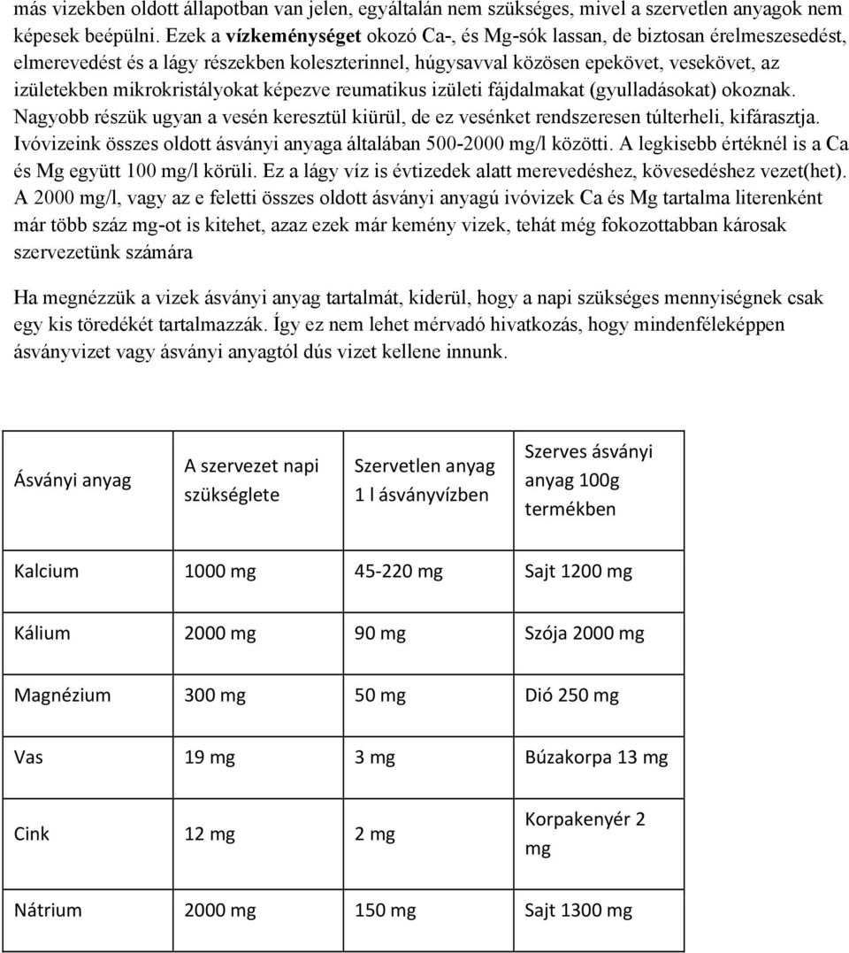 mikrokristályokat képezve reumatikus izületi fájdalmakat (gyulladásokat) okoznak. Nagyobb részük ugyan a vesén keresztül kiürül, de ez vesénket rendszeresen túlterheli, kifárasztja.