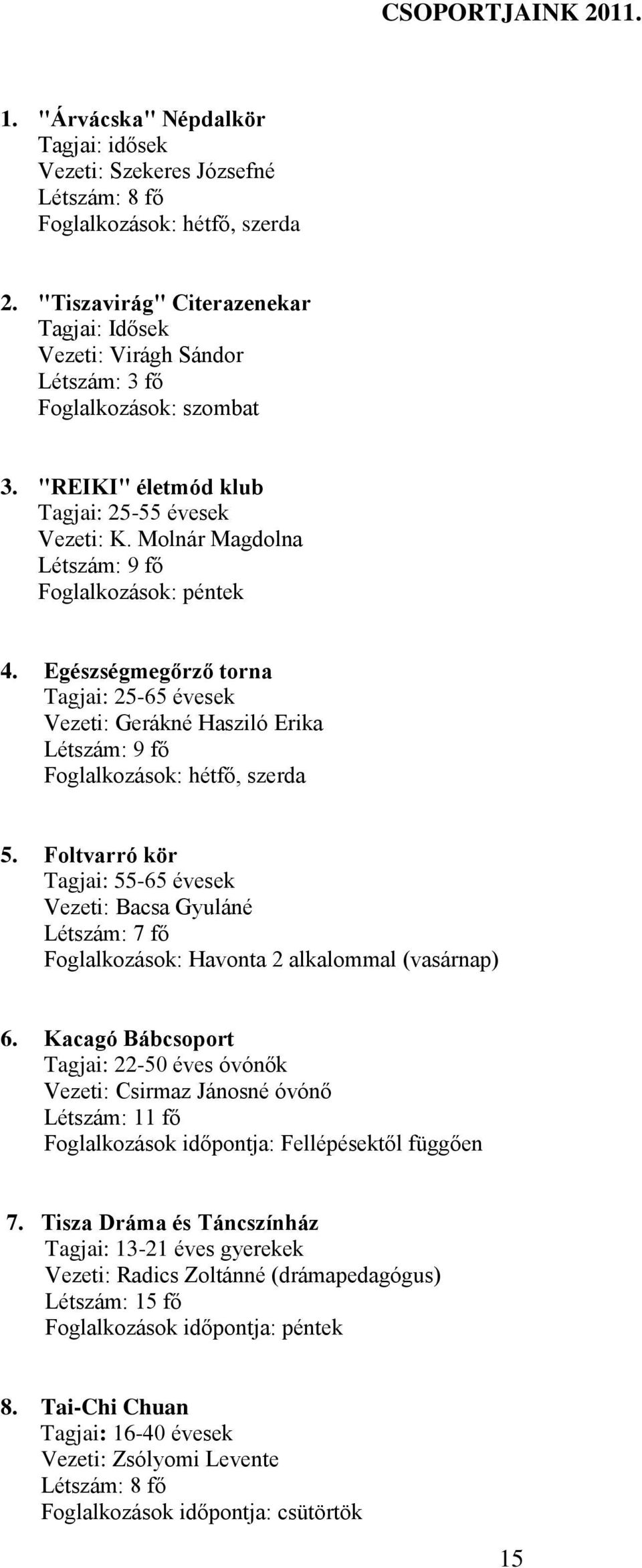 Molnár Magdolna Létszám: 9 fő Foglalkozások: péntek 4. Egészségmegőrző torna Tagjai: 25-65 évesek Vezeti: Gerákné Hasziló Erika Létszám: 9 fő Foglalkozások: hétfő, szerda 5.