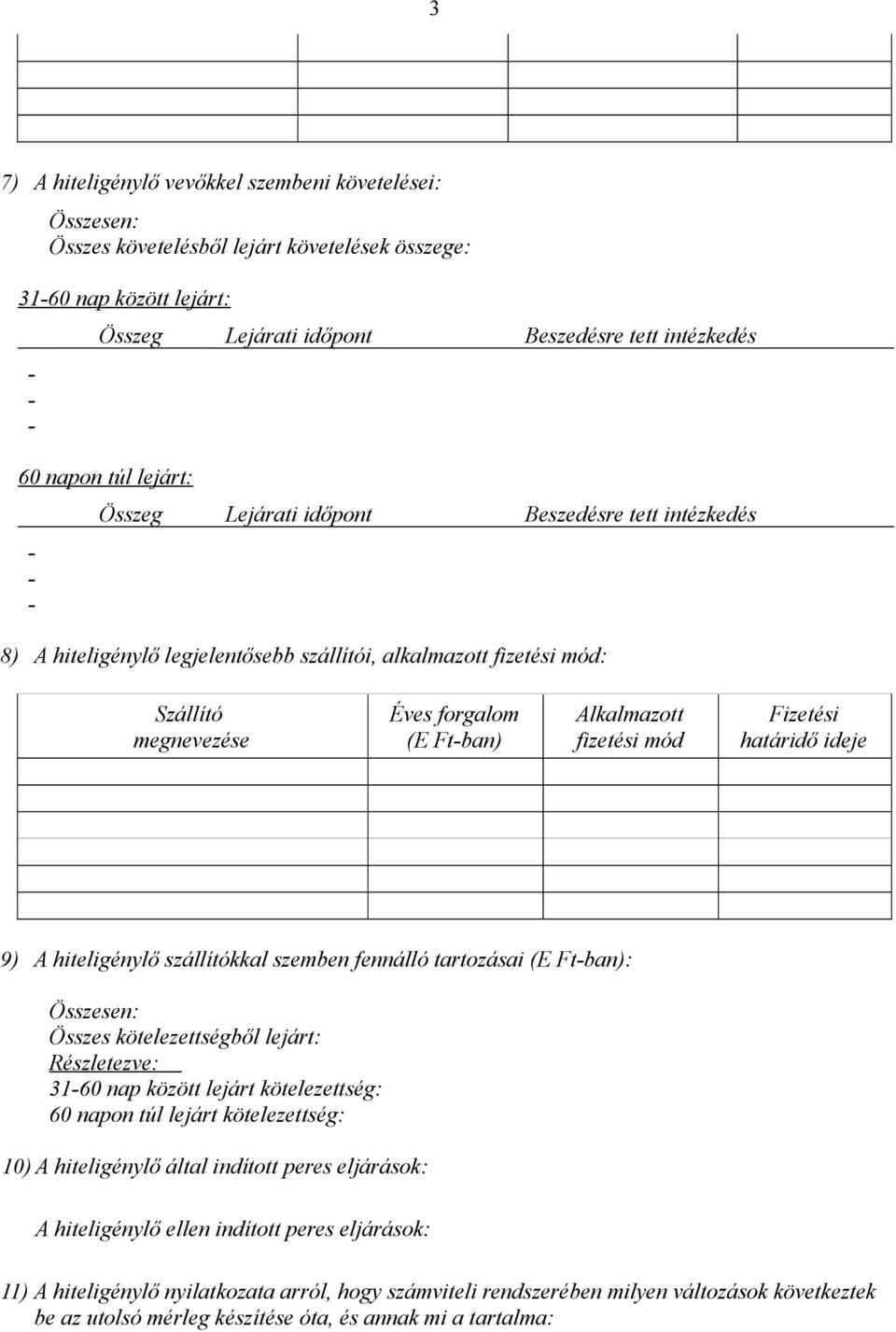 Fizetési határidő ideje 9 A hiteligénylő szállítókkal szemben fennálló tartozásai (E Ftban: Összesen: Összes kötelezettségből lejárt: Részletezve: 3160 nap között lejárt kötelezettség: 60 napon túl