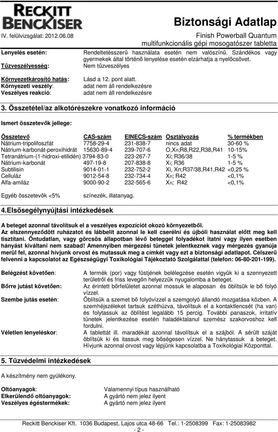 Összetétel/az alkotórészekre vonatkozó információ Ismert összetevık jellege: Összetevı CAS-szám EINECS-szám Osztályozás % termékben Nátrium-tripolifoszfát 7758-29-4 231-838-7 nincs adat 30-60 %