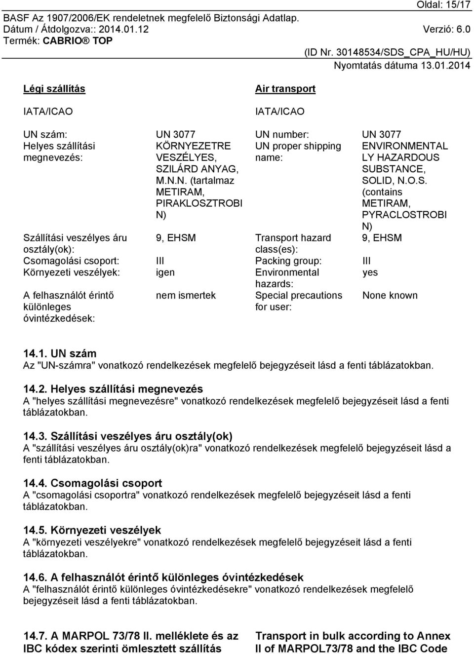 Environmental yes hazards: A felhasználót érintő különleges óvintézkedések: nem ismertek Special precautions for user: None known 14