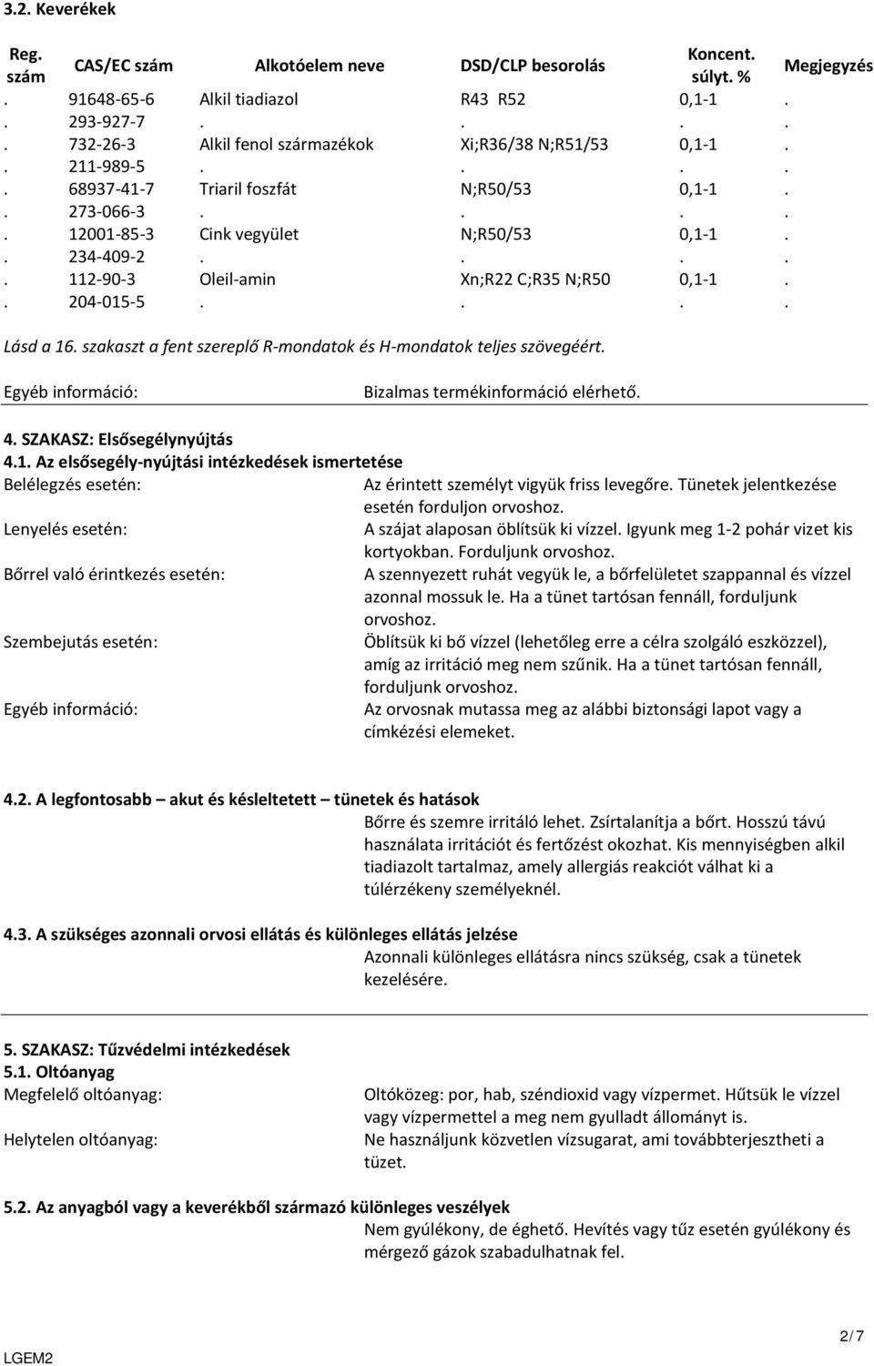 .... 112-90-3 Oleil-amin Xn;R22 C;R35 N;R50 0,1-1.. 204-015-5.... Lásd a 16. szakaszt a fent szereplő R-mondatok és H-mondatok teljes szövegéért. Egyéb információ: Bizalmas termékinformáció elérhető.