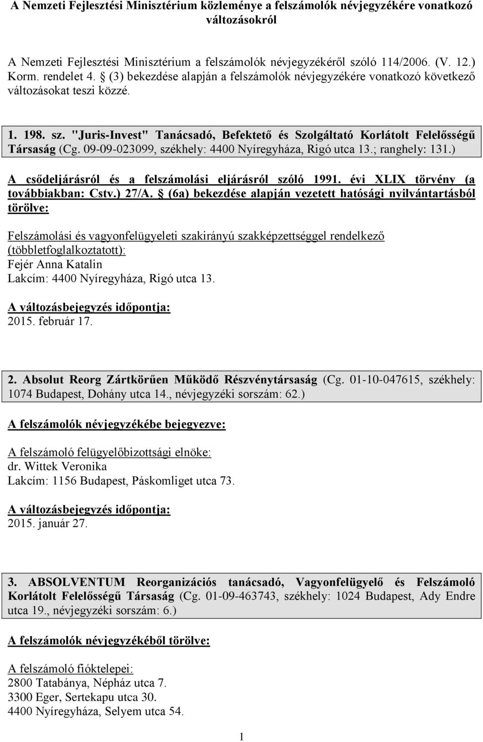 "Juris-Invest" Tanácsadó, Befektető és Szolgáltató Korlátolt Felelősségű Társaság (Cg. 09-09-023099, székhely: 4400 Nyíregyháza, Rigó utca 13.; ranghely: 131.