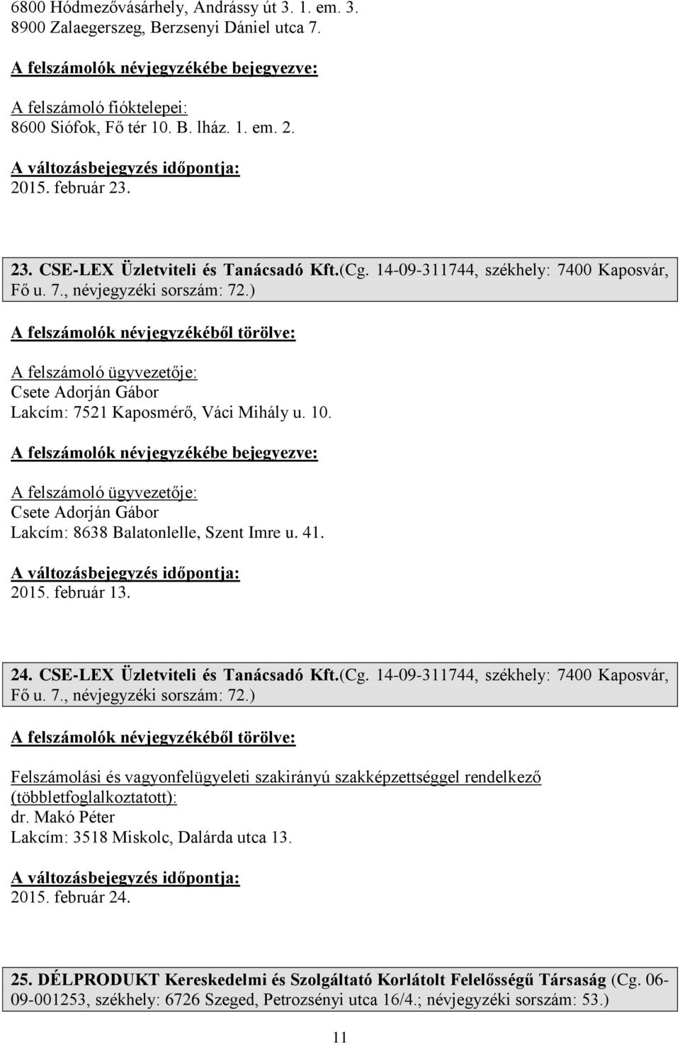 A felszámoló ügyvezetője: Csete Adorján Gábor Lakcím: 8638 Balatonlelle, Szent Imre u. 41. 2015. február 13. 24. CSE-LEX Üzletviteli és Tanácsadó Kft.(Cg. 14-09-311744, székhely: 7400 Kaposvár, Fő u.