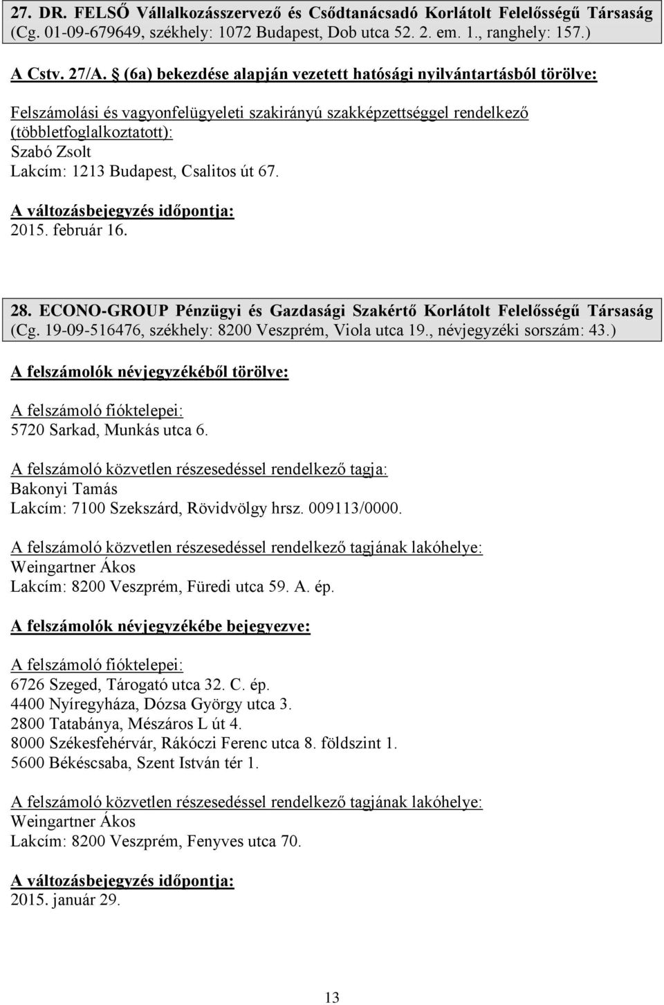 ECONO-GROUP Pénzügyi és Gazdasági Szakértő Korlátolt Felelősségű Társaság (Cg. 19-09-516476, székhely: 8200 Veszprém, Viola utca 19., névjegyzéki sorszám: 43.) 5720 Sarkad, Munkás utca 6.