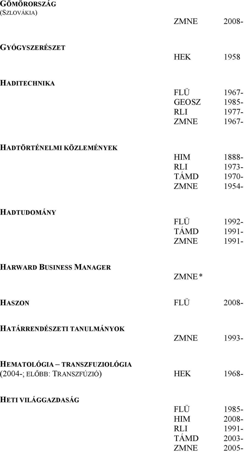 1991- HARWARD BUSINESS MANAGER ZMNE * HASZON FLÜ 2008- HATÁRRENDÉSZETI TANULMÁNYOK ZMNE 1993- HEMATOLÓGIA