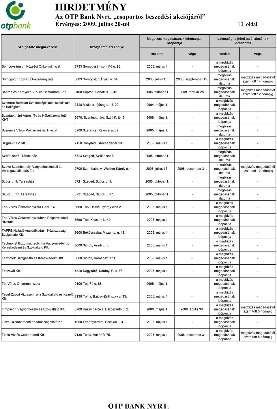 Szemere Bertalan Szakközépiskola, szakiskola és Kollégium Szentgotthárd Városi Tv és Kábelüzemeltető KHT 3528 Miskolc, Ifjúság u. 1620 2004. május 1. 9970, Szentgotthárd, Széll K. tér 6. 2005.