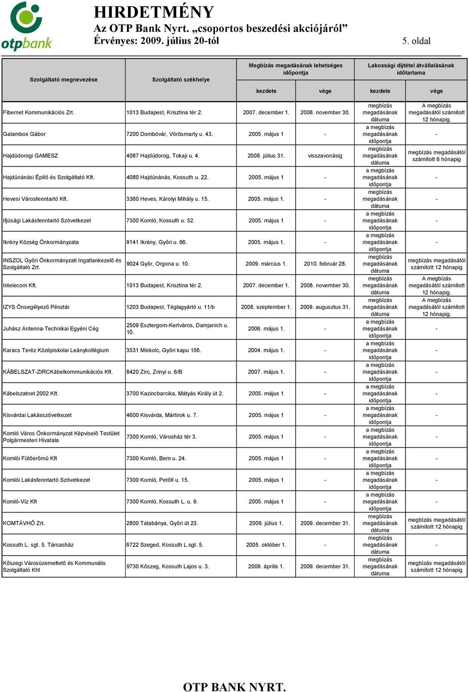 3360 Heves, Károlyi Mihály u. 15. 2005. május 1. Ifjúsági Lakásfenntartó Szövetkezet 7300 Komló, Kossuth u. 52. 2005. május 1 Ikrény Község Önkormányzata 9141 Ikrény, Győri u. 66. 2005. május 1. INSZOL Győri Önkormányzati Ingatlankezelő és Szolgáltató Zrt.