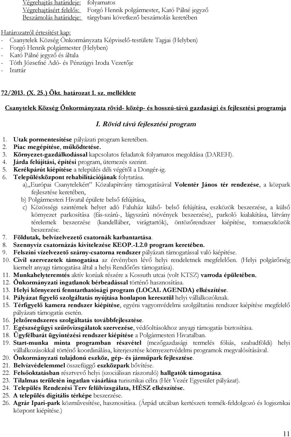 72/2013. (X. 25.) Ökt. határozat 1. sz. melléklete Csanytelek Község Önkormányzata rövid- közép- és hosszú-távú gazdasági és fejlesztési programja I. Rövid távú fejlesztési program 1.