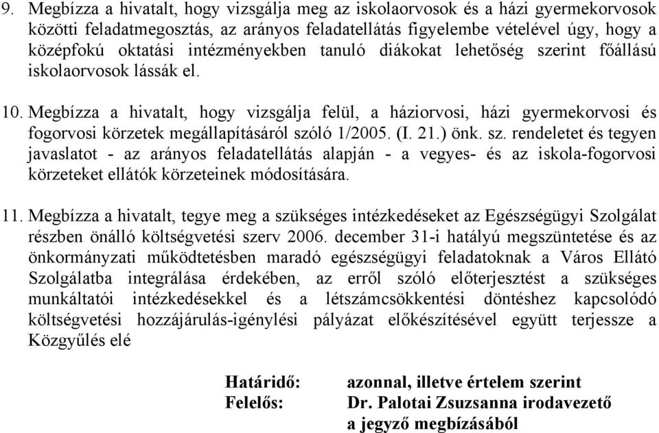 Megbízza a hivatalt, hogy vizsgálja felül, a háziorvosi, házi gyermekorvosi és fogorvosi körzetek megállapításáról szó