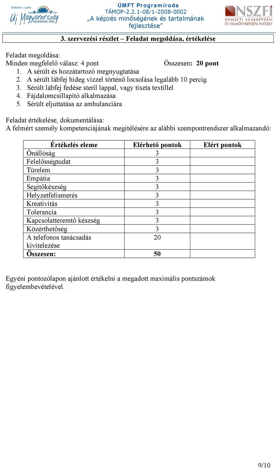 Sérült eljuttatása az ambulanciára Feladat értékelése, dokumentálása: A felmért személy kompetenciájának megítélésére az alábbi szempontrendszer alkalmazandó: Értékelés eleme Elérhető pontok Elért