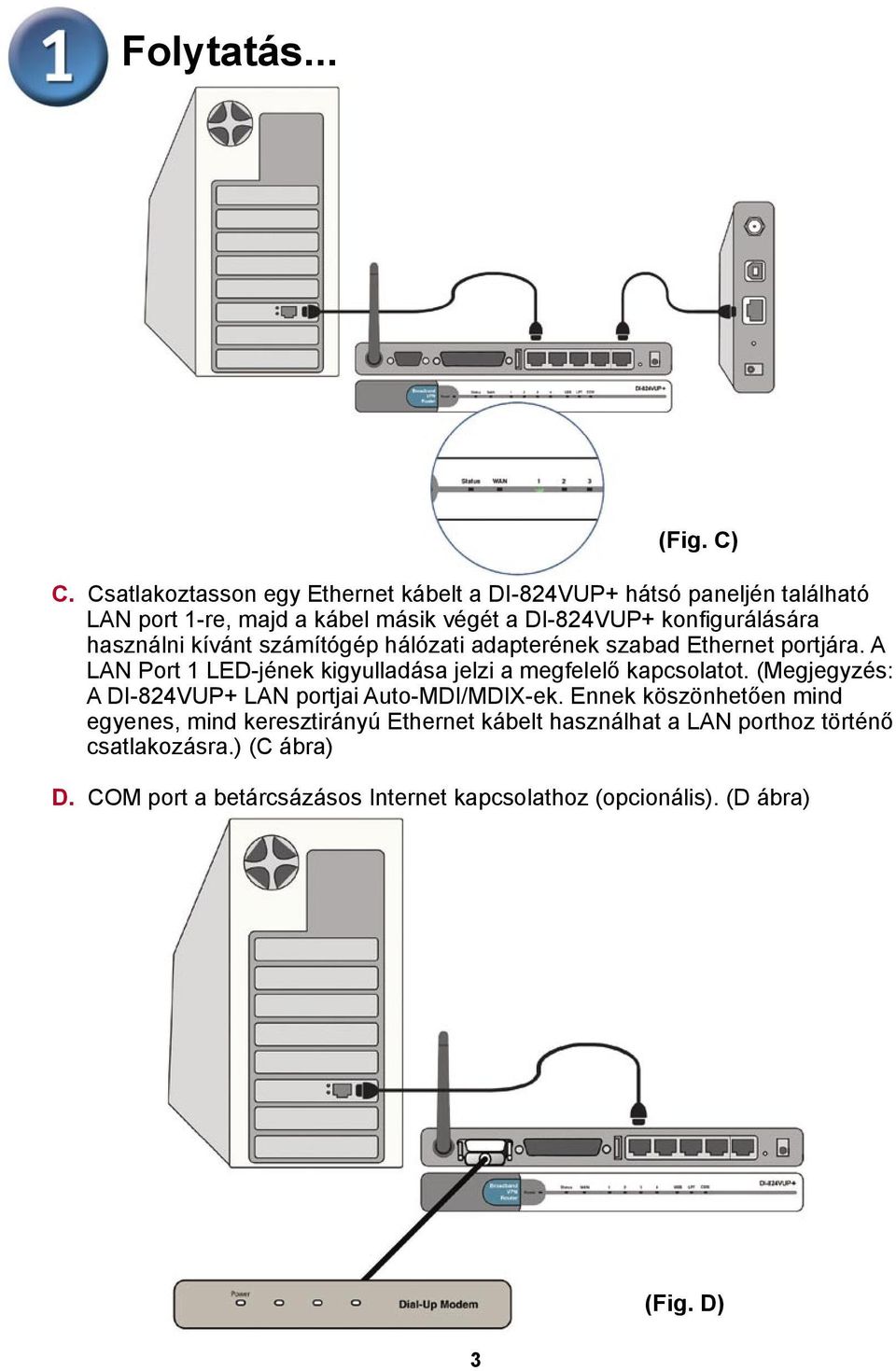 használni kívánt számítógép hálózati adapterének szabad Ethernet portjára. A LAN Port 1 LED-jének kigyulladása jelzi a megfelelő kapcsolatot.