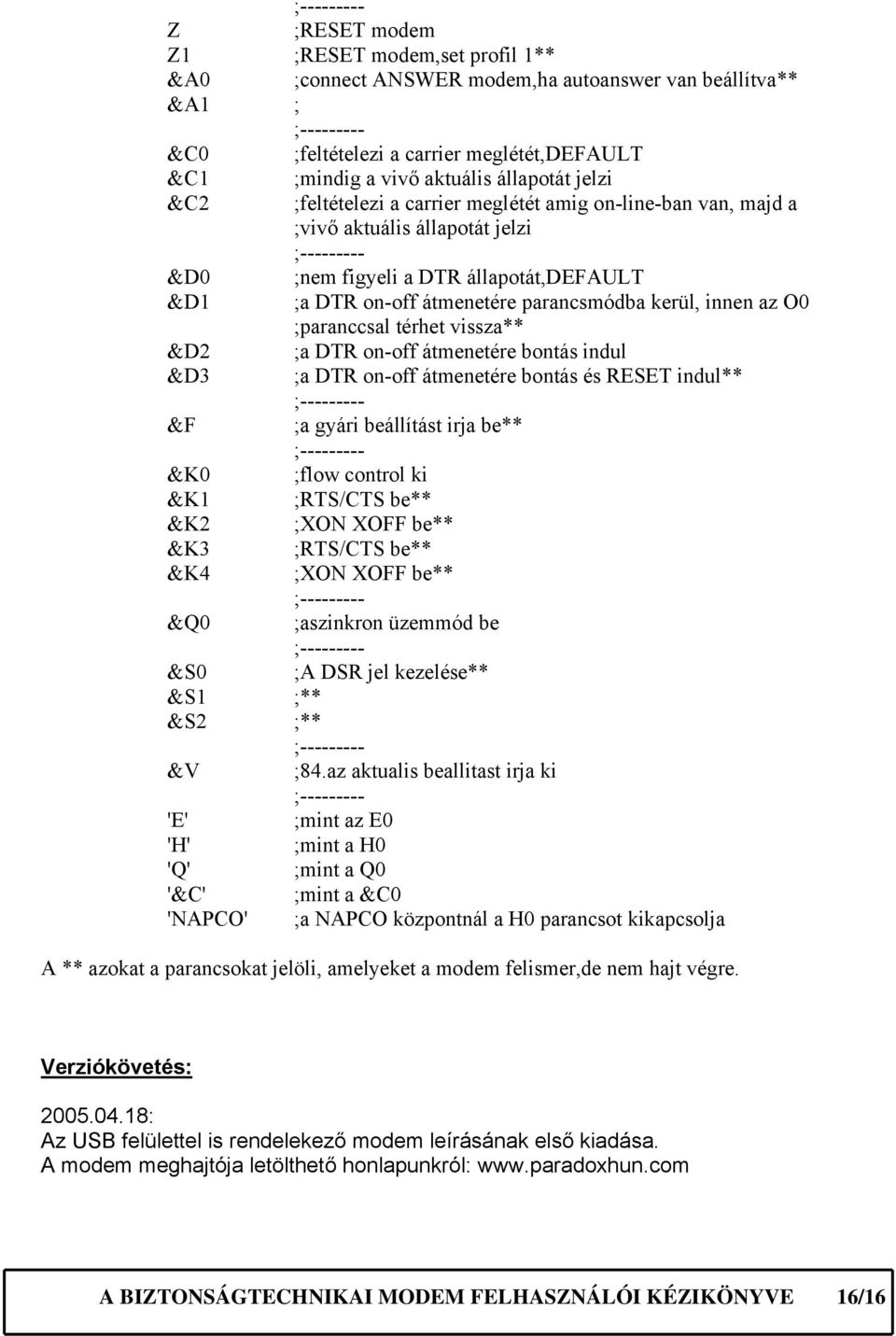 ;paranccsal térhet vissza** &D2 ;a DTR on-off átmenetére bontás indul &D3 ;a DTR on-off átmenetére bontás és RESET indul** &F ;a gyári beállítást irja be** &K0 ;flow control ki &K1 ;RTS/CTS be** &K2