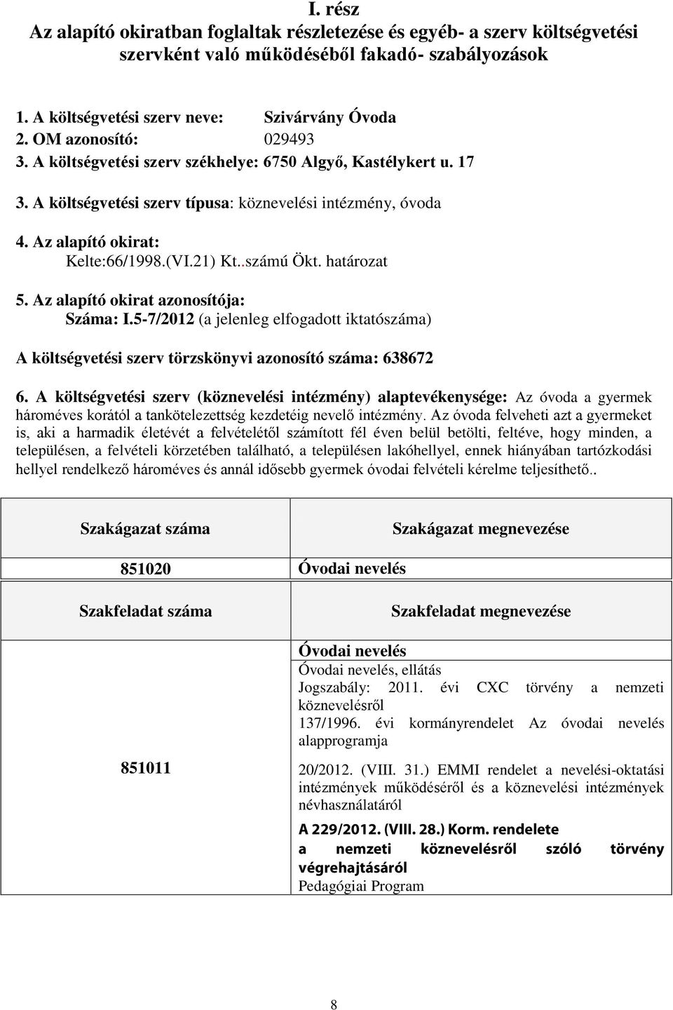 .számú Ökt. határozat 5. Az alapító okirat azonosítója: Száma: I.5-7/2012 (a jelenleg elfogadott iktatószáma) A költségvetési szerv törzskönyvi azonosító száma: 638672 6.