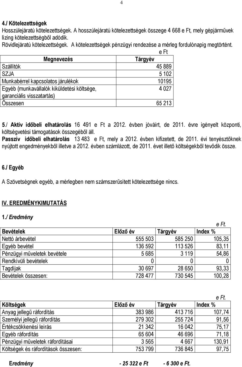 e Ft Megnevezés Tárgyév Szállítók 45 889 SZJA 5 102 Munkabérrel kapcsolatos járulékok 10195 Egyéb (munkavállalók kiküldetési költsége, 4 027 garanciális visszatartás) Összesen 65 213 5.