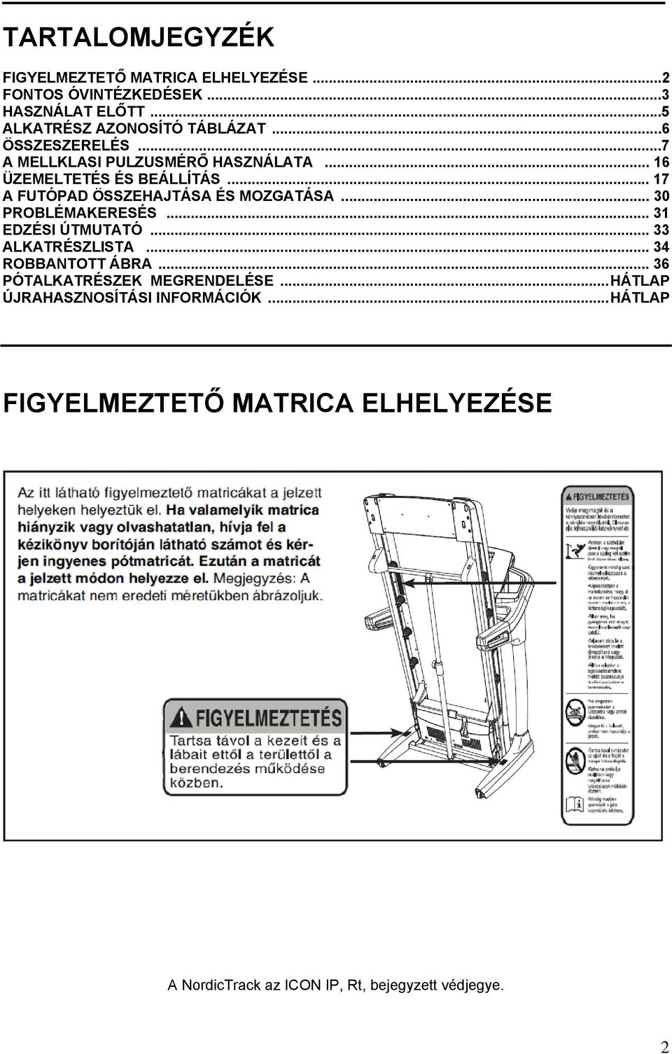 .. 30 PROBLÉMAKERESÉS... 31 EDZÉSI ÚTMUTATÓ... 33 ALKATRÉSZLISTA... 34 ROBBANTOTT ÁBRA... 36 PÓTALKATRÉSZEK MEGRENDELÉSE.