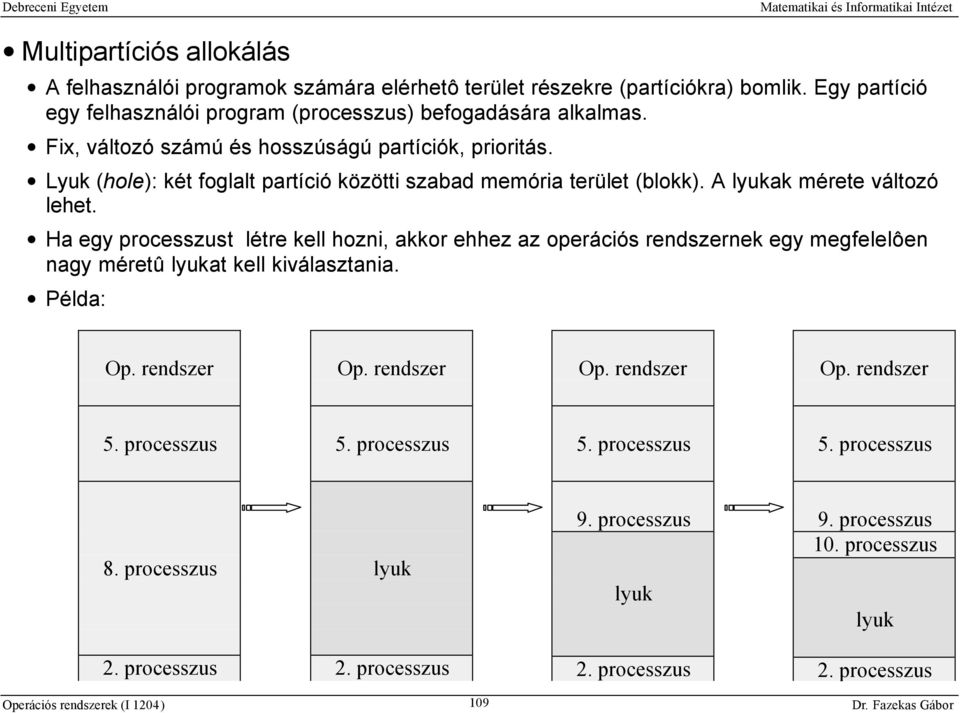 Ha egy processzust létre kell hozni, akkor ehhez az operációs rendszernek egy megfelelôen nagy méretû lyukat kell kiválasztania. Példa: Op. rendszer Op. rendszer Op. rendszer Op. rendszer 5.