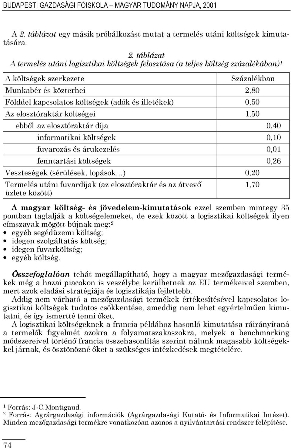 táblázat egy másik próbálkozást mutat a termelés utáni költségek kimutatására. 2.