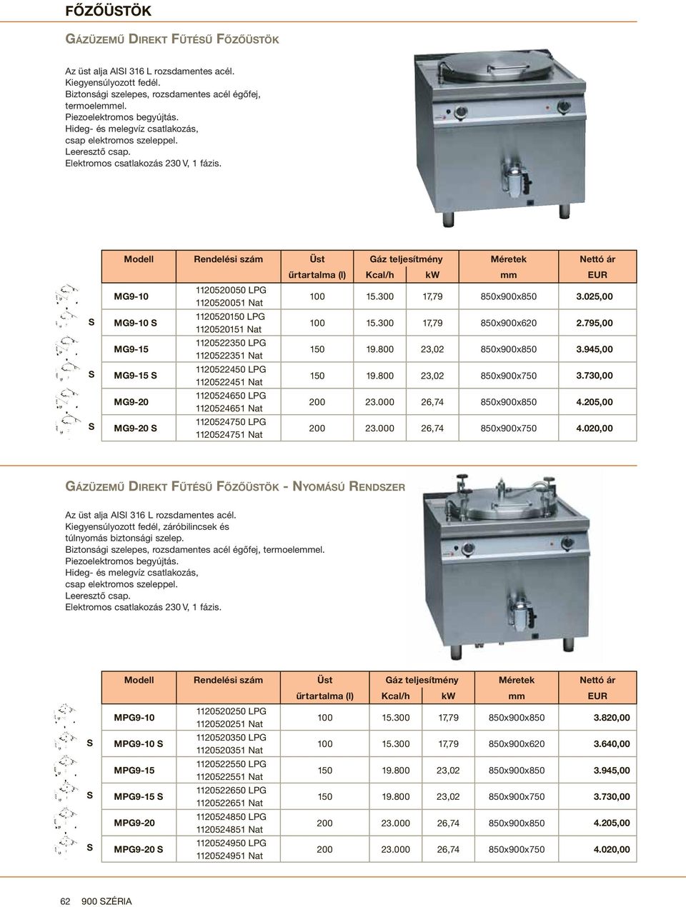 Modell Rendelési szám Üst Gáz teljesítmény Méretek Nettó ár űrtartalma (l) Kcal/h kw mm EUR MG9-10 1120520050 LG 1120520051 Nat 100 15.300 17,79 850x900x850 3.