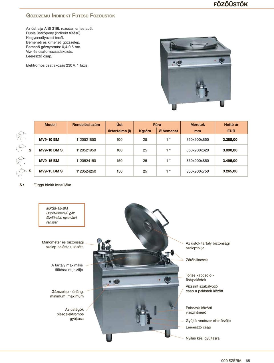 Modell Rendelési szám Üst ára Méretek Nettó ár űrtartalma (l) Kg/óra Ø bemenet mm EUR MV9-10 BM 1120521850 100 25 1 850x900x850 3.285,00 MV9-10 BM 1120521950 100 25 1 850x900x620 3.