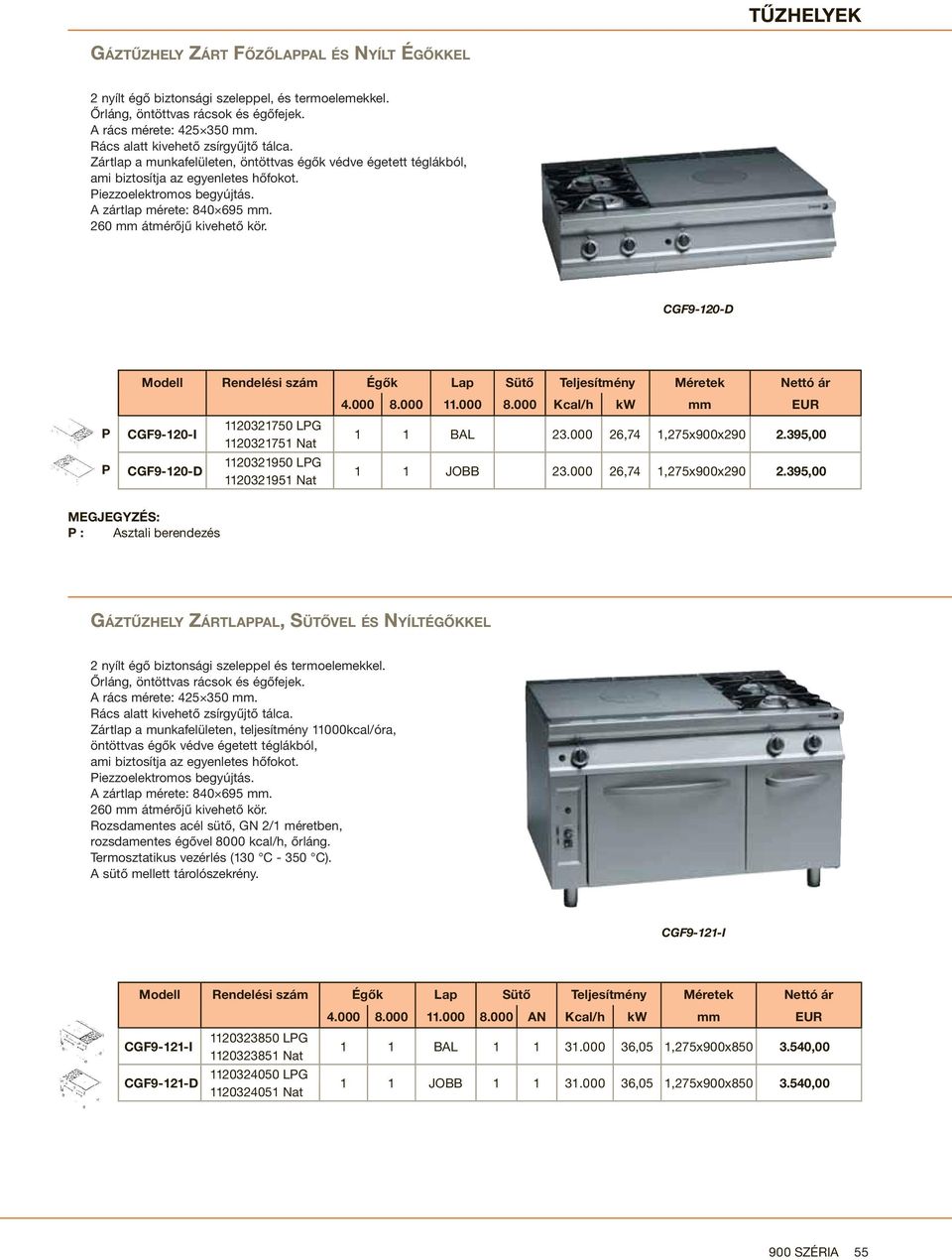 260 mm átmérőjű kivehető kör. CGF9-120-D Modell Rendelési szám Égők Lap ütő Teljesítmény Méretek Nettó ár 4.000 8.000 11.000 8.000 Kcal/h kw mm EUR CGF9-120-I 1120321750 LG 1120321751 Nat 1 1 BAL 23.