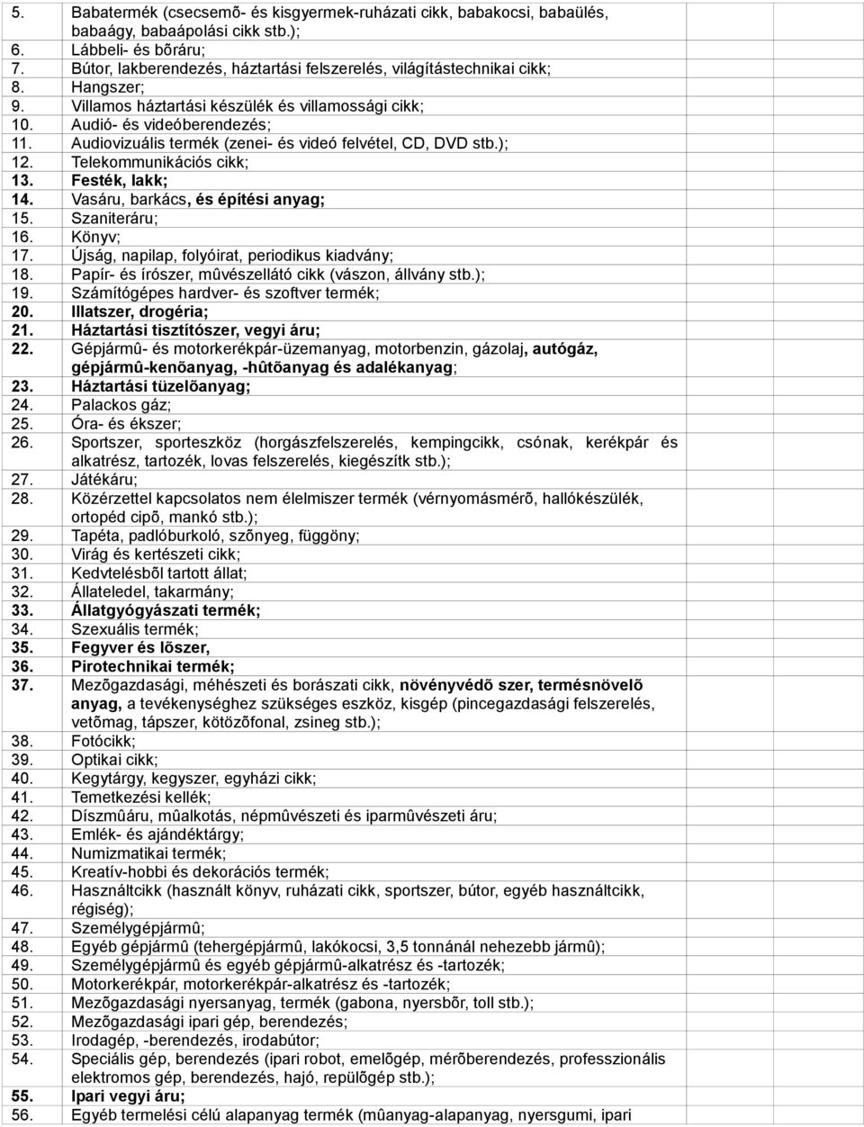 Audiovizuális termék (zenei- és videó felvétel, CD, DVD stb.); 12. Telekommunikációs cikk; 13. Festék, lakk; 14. Vasáru, barkács, és építési anyag; 15. Szaniteráru; 16. Könyv; 17.