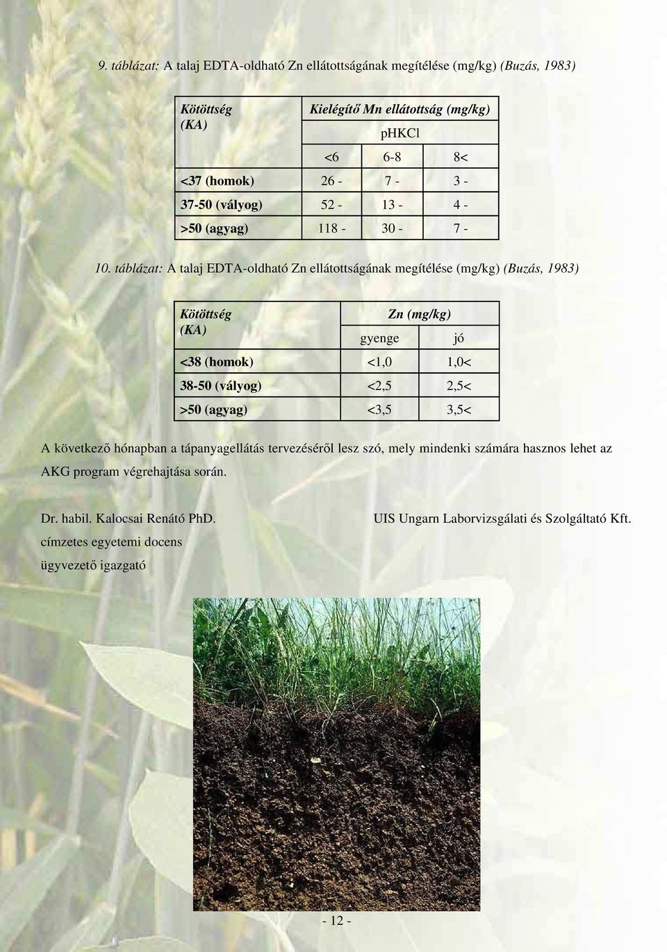 táblázat: A talaj EDTA-oldható Zn ellátottságának megítélése (mg/kg) (Buzás, 1983) Kötöttség (KA) gyenge Zn (mg/kg) <38 (homok) <1,0 1,0< 38-50 (vályog) <2,5 2,5< >50