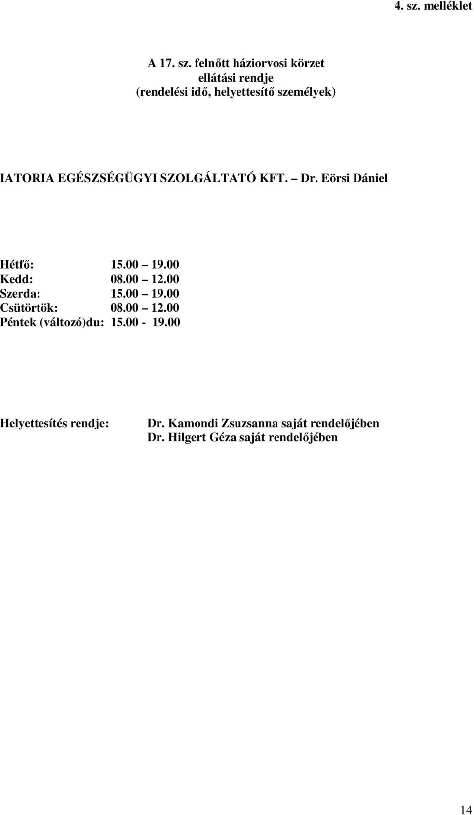 felnőtt háziorvosi körzet ellátási rendje (rendelési idő, helyettesítő személyek) IATORIA