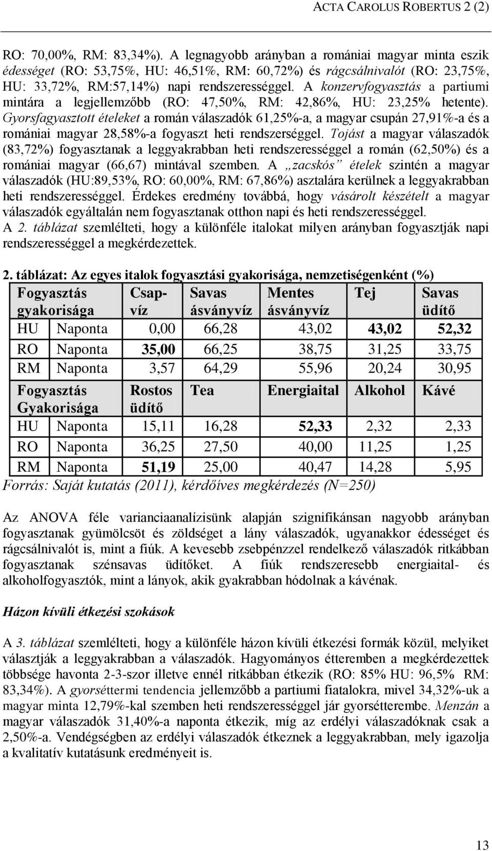 A konzervfogyasztás a partiumi mintára a legjellemzőbb (RO: 47,50%, RM: 42,86%, HU: 23,25% hetente).