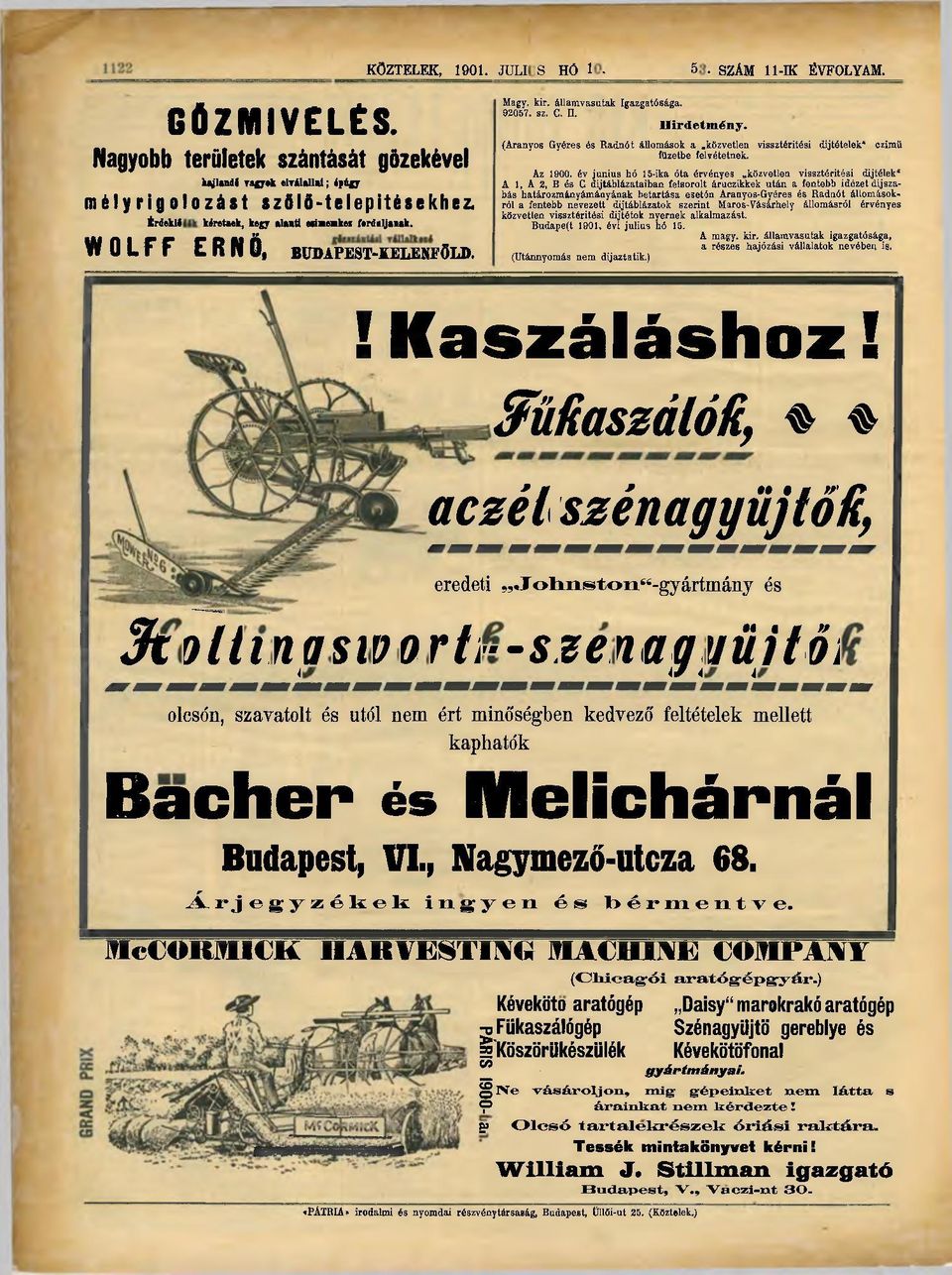 közvetlen vissztéritési díjtételek* czimü füzetbe felvétetnek. Az 1900.