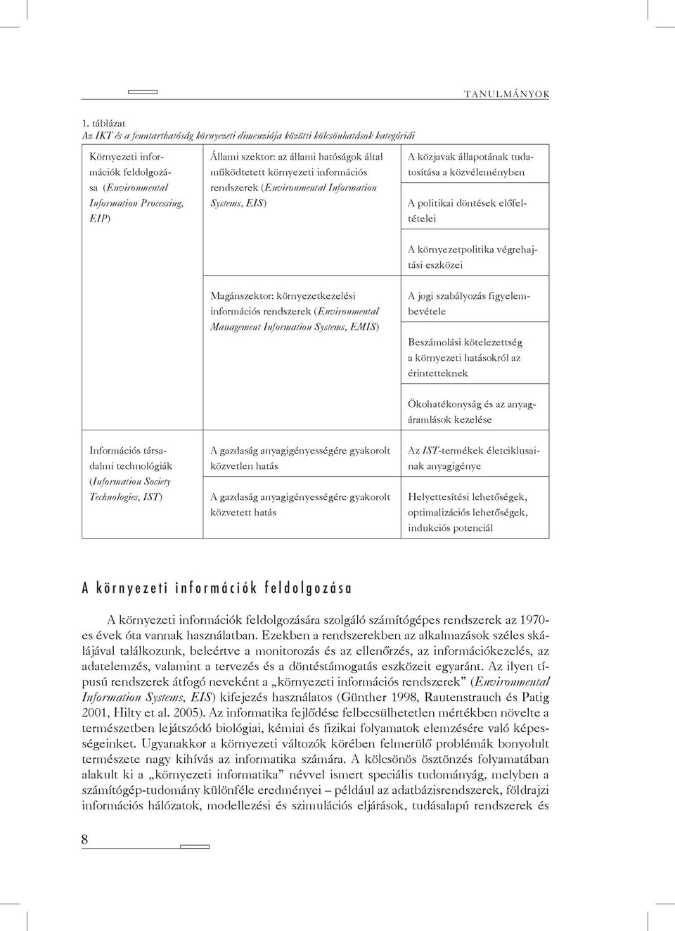 hatóságok által működtetett környezeti információs rendszerek (Environmental Information Systems, EIS) A közjavak állapotának tudatosítása a közvéleményben A politikai döntések előfeltételei A