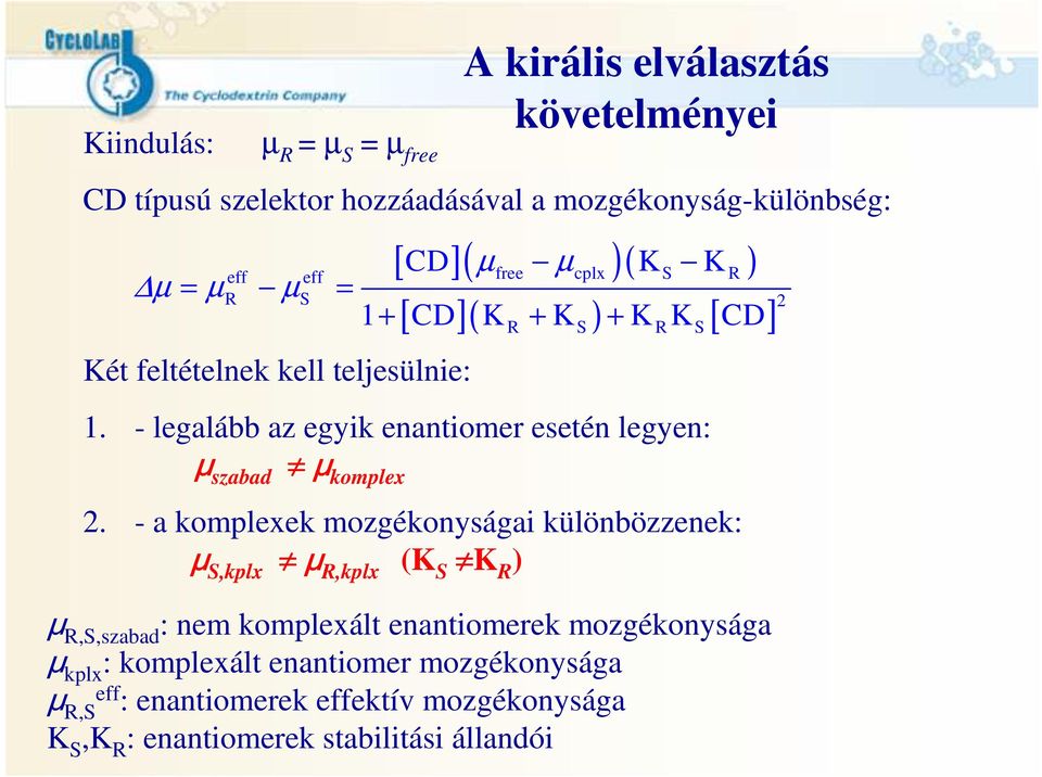 - legalább az egyik enantiomer esetén legyen: μ szabad μ komplex 2.