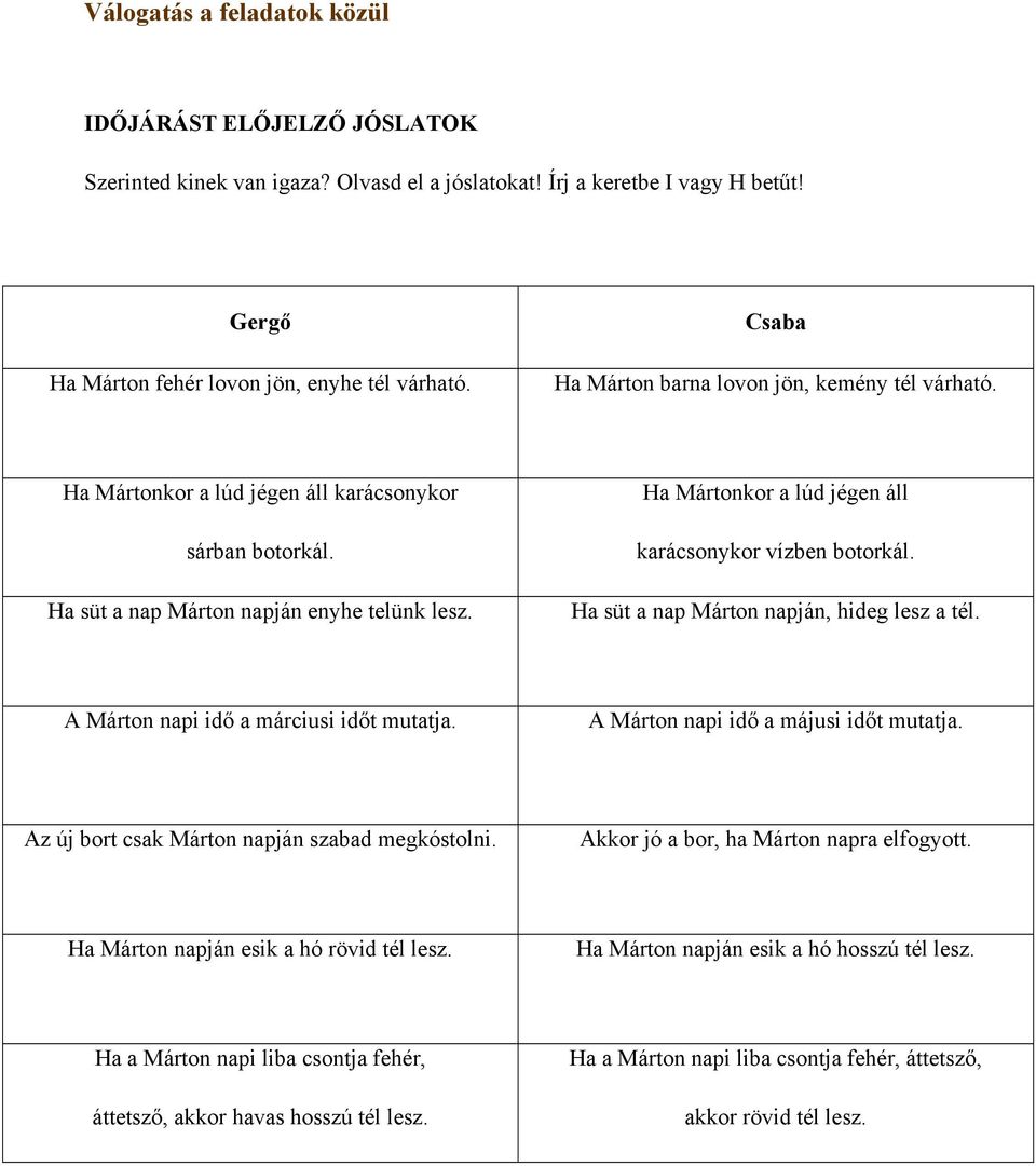 Ha Mártonkor a lúd jégen áll karácsonykor vízben botorkál. Ha süt a nap Márton napján, hideg lesz a tél. A Márton napi idő a márciusi időt mutatja. A Márton napi idő a májusi időt mutatja.