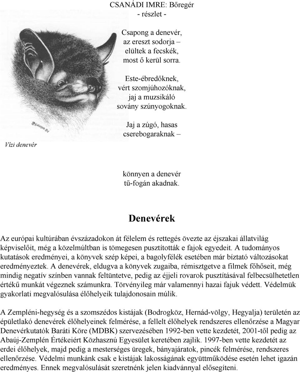 Denevérek Az európai kultúrában évszázadokon át félelem és rettegés övezte az éjszakai állatvilág képviselőit, még a közelmúltban is tömegesen pusztították e fajok egyedeit.