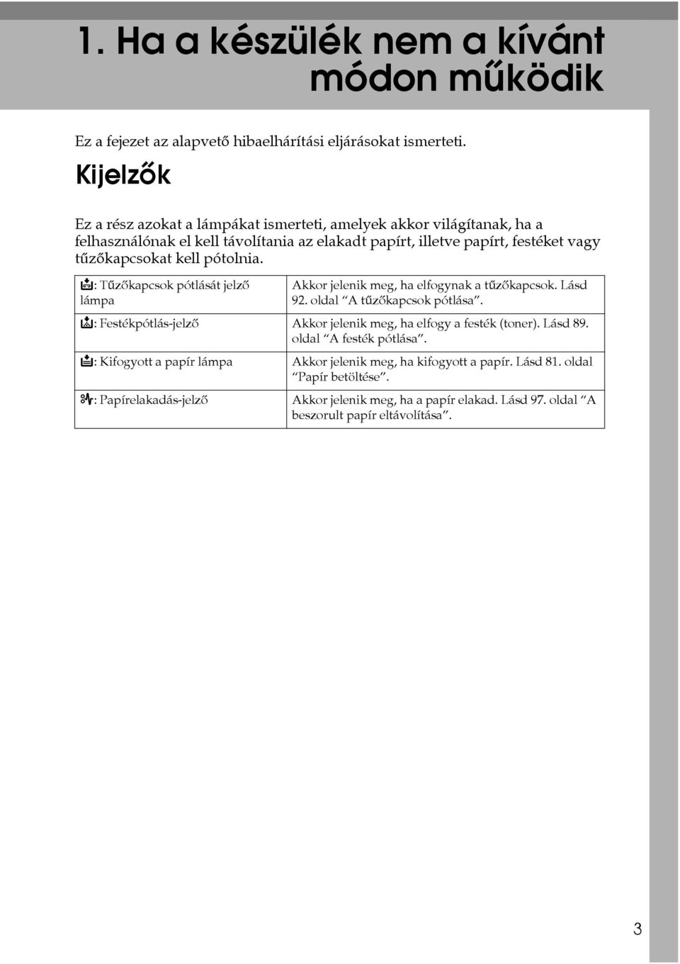 pótolnia. d: Tûzõkapcsok pótlását jelzõ lámpa Akkor jelenik meg, ha elfogynak a tûzõkapcsok. Lásd 92. oldal A tûzõkapcsok pótlása.