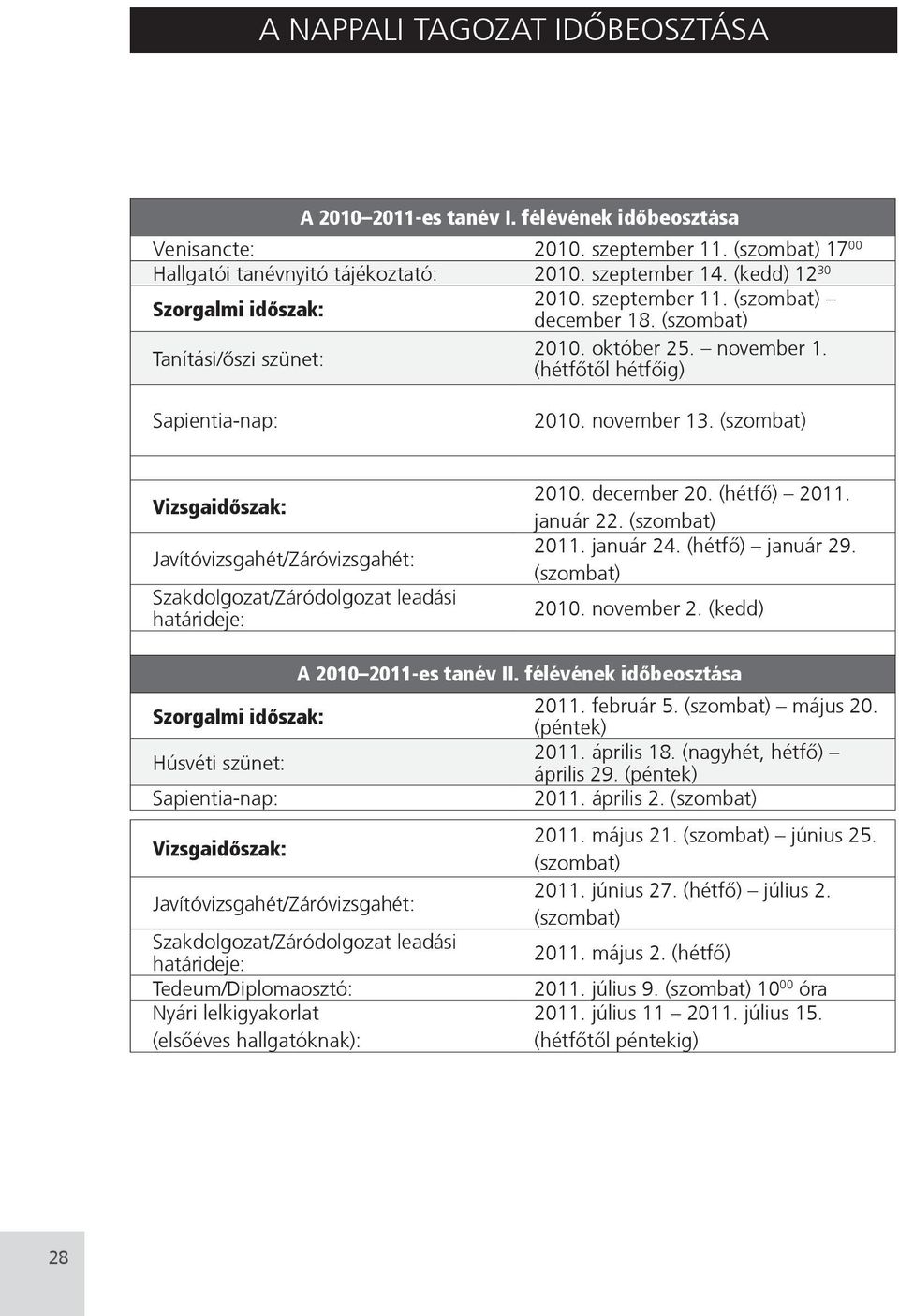 (szombat) Vizsgaidôszak: Javítóvizsgahét/Záróvizsgahét: Szakdolgozat/Záródolgozat leadási határideje: 2010. december 20. (hétfő) 2011. január 22. (szombat) 2011. január 24. (hétfő) január 29.