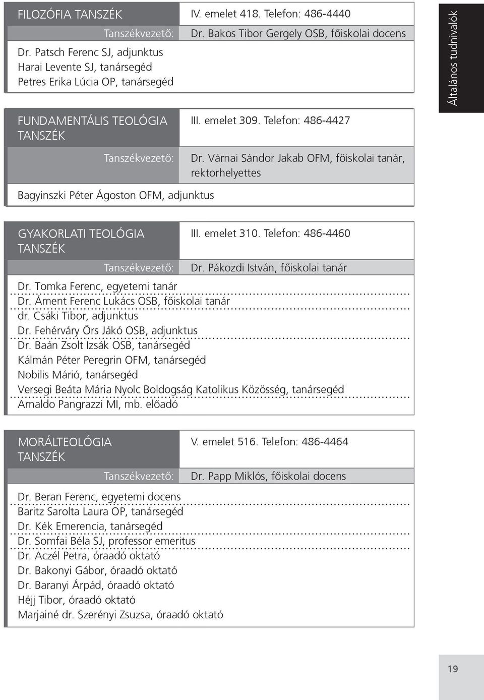 Várnai Sándor Jakab OFM, fôiskolai tanár, rektorhelyettes Bagyinszki Péter Ágoston OFM, adjunktus GYAKORLATI TEOLÓGIA TANSZÉK Tanszékvezetô: III. emelet 310. Telefon: 486-4460 Dr.