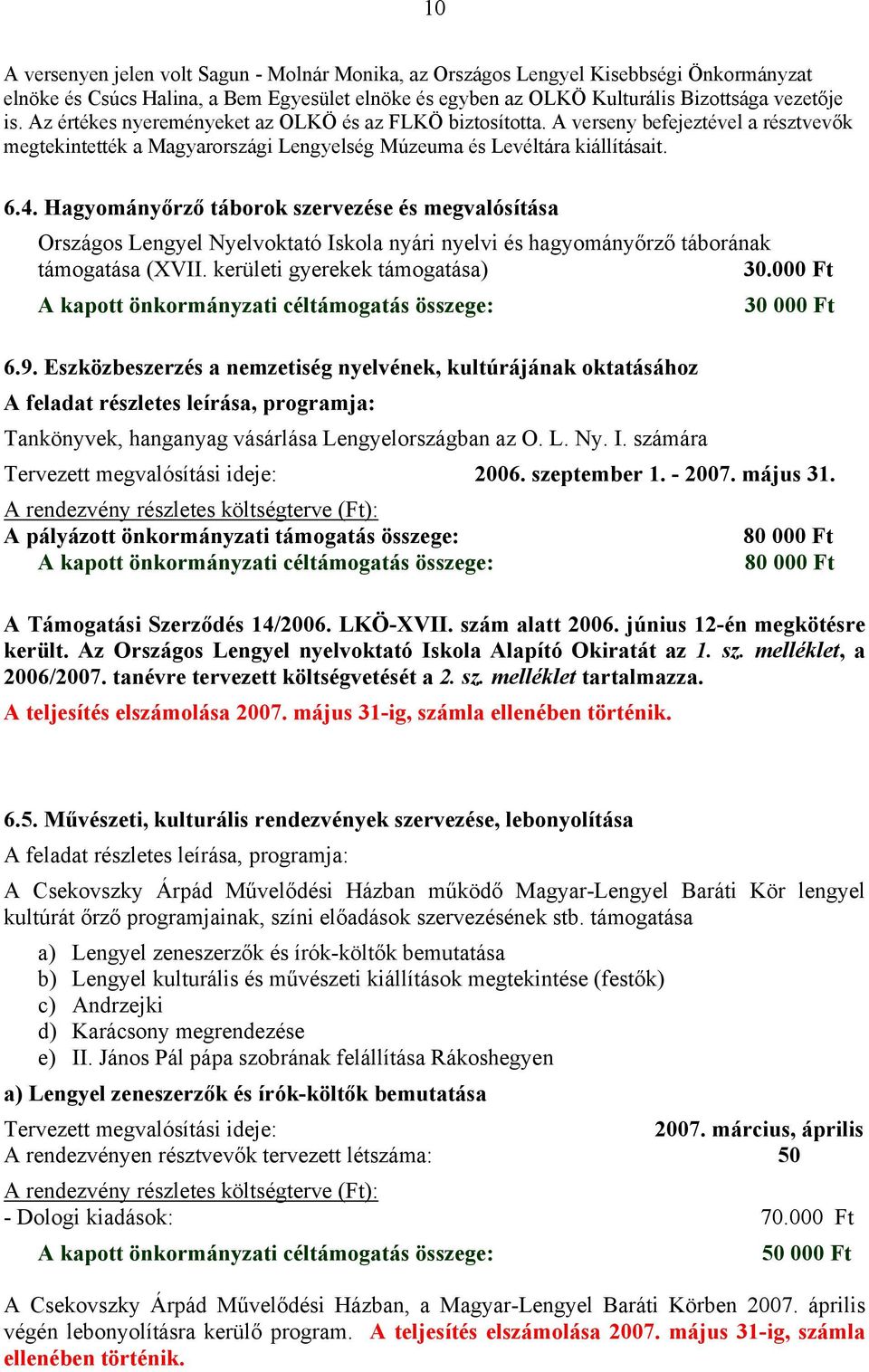 Hagyományőrző táborok szervezése és megvalósítása Országos Lengyel Nyelvoktató Iskola nyári nyelvi és hagyományőrző táborának támogatása (XVII. kerületi gyerekek támogatása) 30.