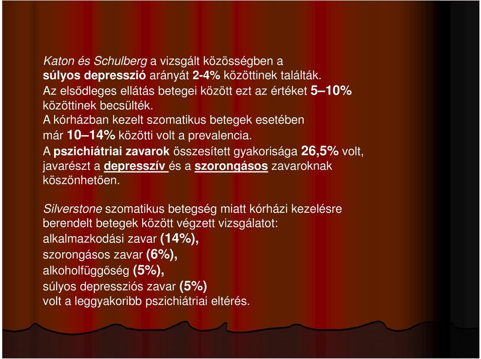 A kórházban kezelt szomatikus betegek esetében már 10 14% közötti volt a prevalencia.