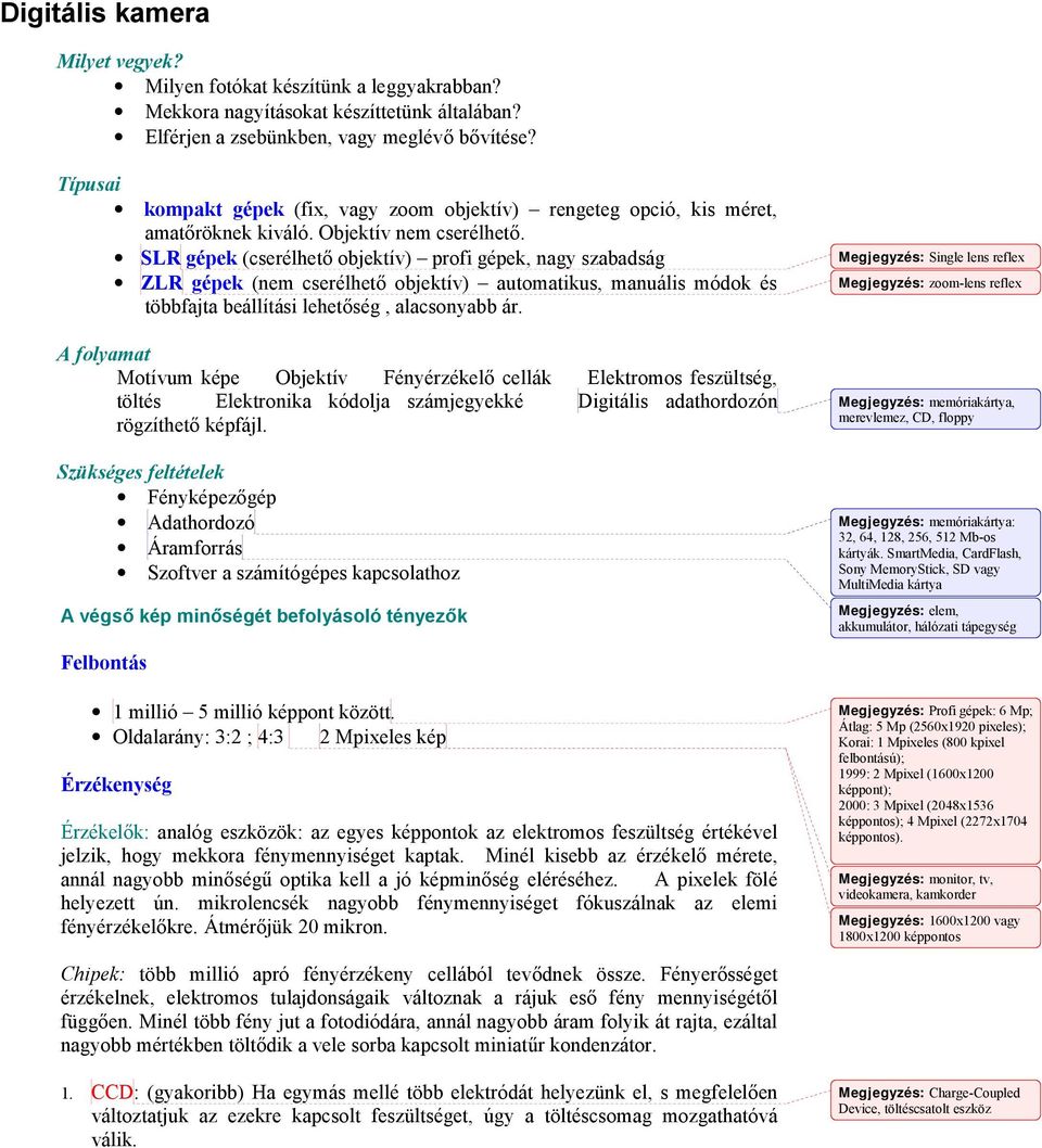 SLR gépek (cserélhető objektív) profi gépek, nagy szabadság ZLR gépek (nem cserélhető objektív) automatikus, manuális módok és többfajta beállítási lehetőség, alacsonyabb ár.