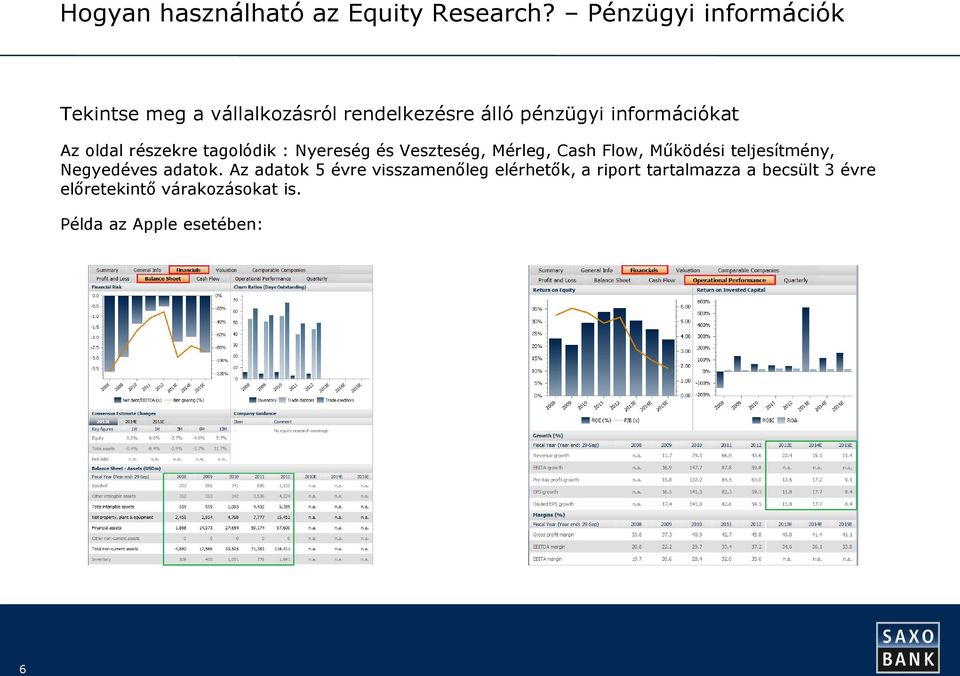 információkat Az oldal részekre tagolódik : Nyereség és Veszteség, Mérleg, Cash Flow,