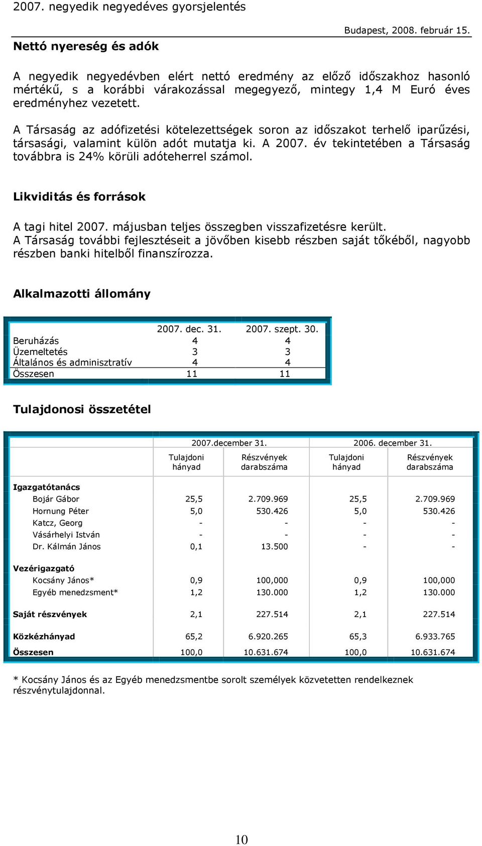 Likviditás és források A tagi hitel 2007. májusban teljes összegben visszafizetésre került.