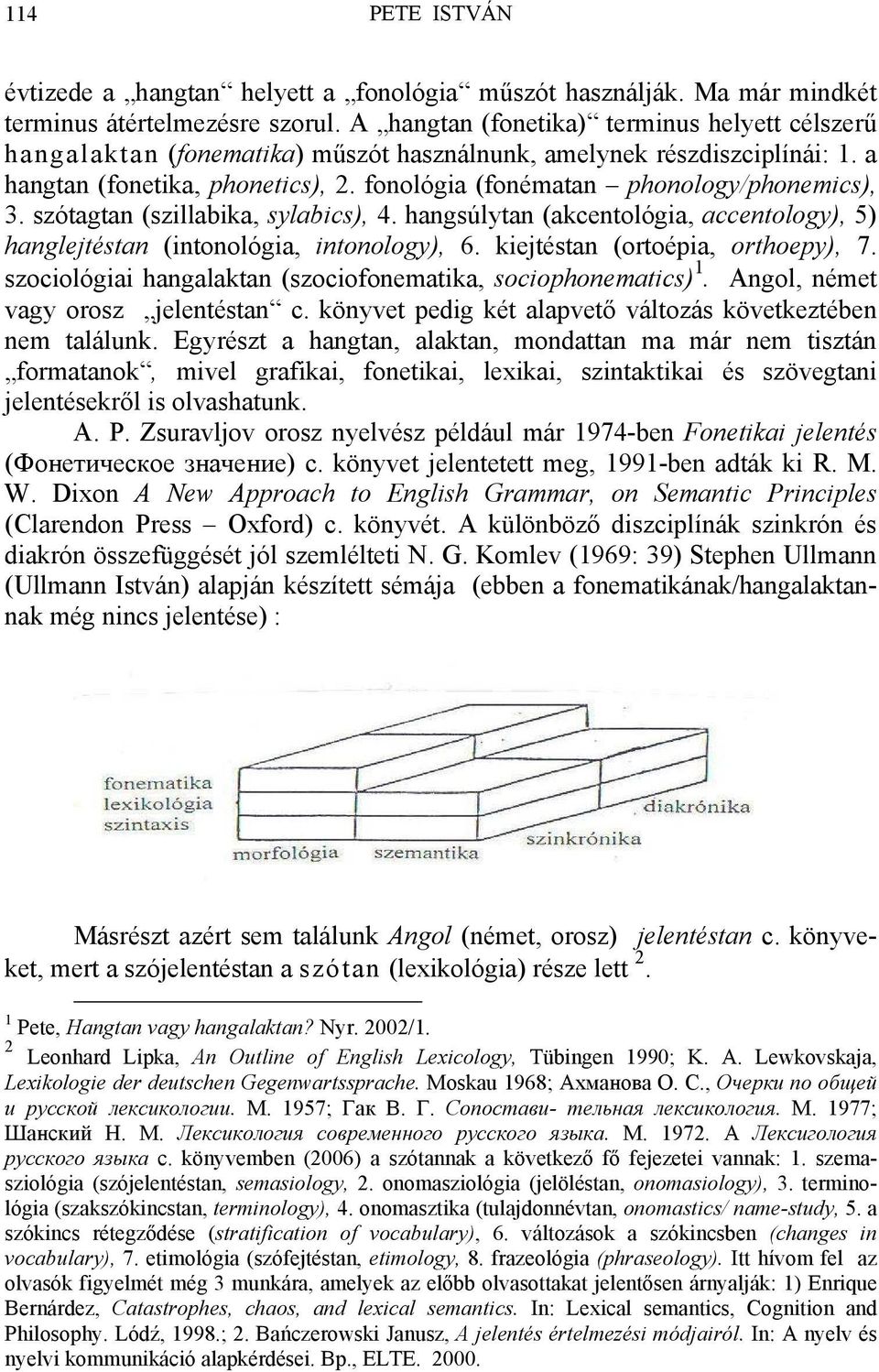 fonológia (fonématan phonology/phonemics), 3. szótagtan (szillabika, sylabics), 4. hangsúlytan (akcentológia, accentology), 5) hanglejtéstan (intonológia, intonology), 6.