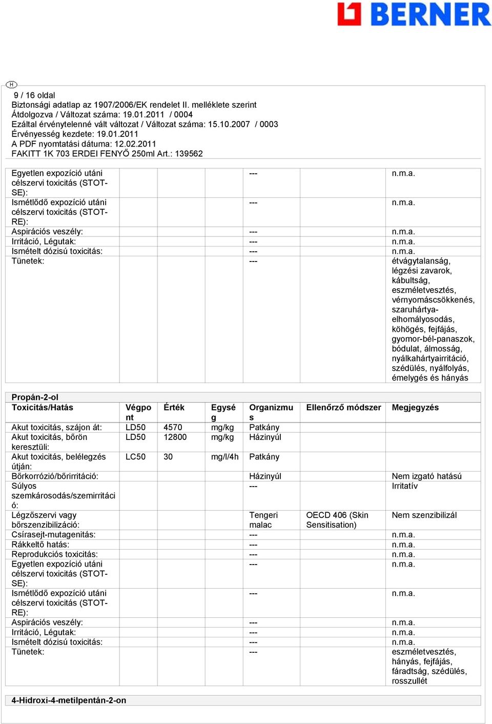 nyálkahártyairritáció, szédülés, nyálfolyás, émelygés és hányás Propán-2-ol Toxicitás/Hatás Végpo Érték Egysé Organizmu Ellenőrző módszer Megjegyzés nt g s Akut toxicitás, szájon át: LD50 4570 mg/kg